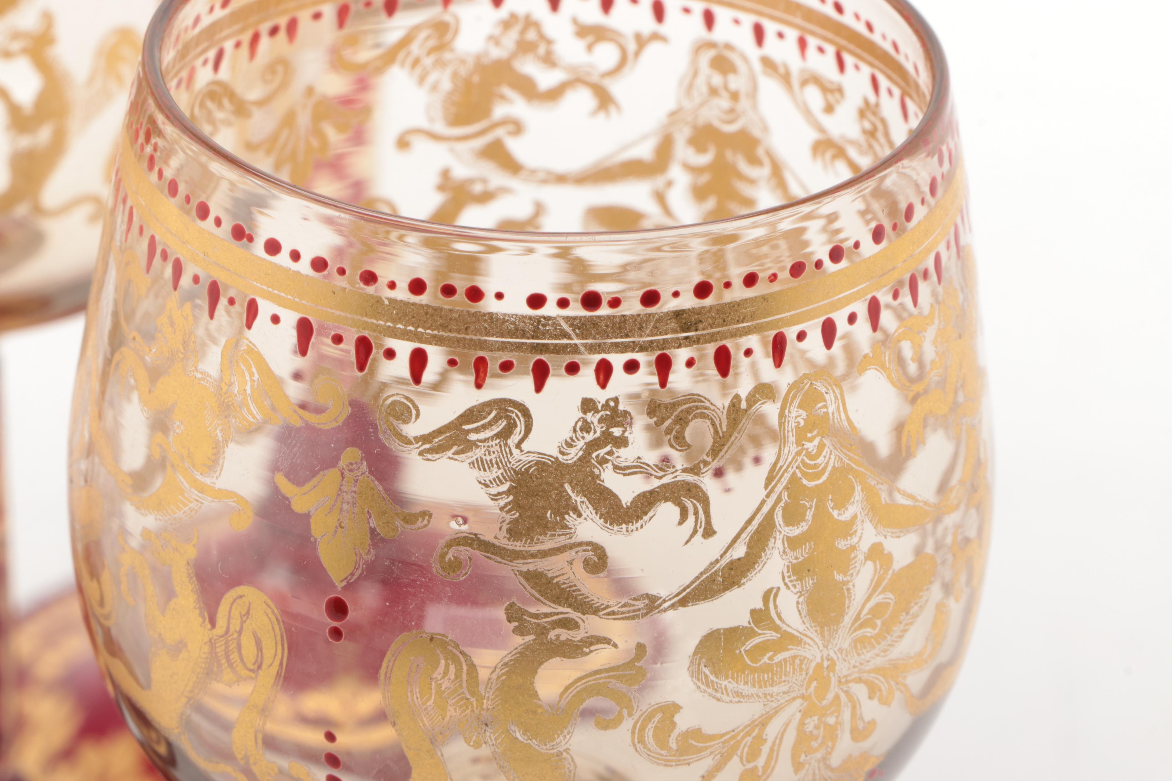Moser Salviati Ruby and Gilt Wine Glasses, Late 19th/ Early 20th Century