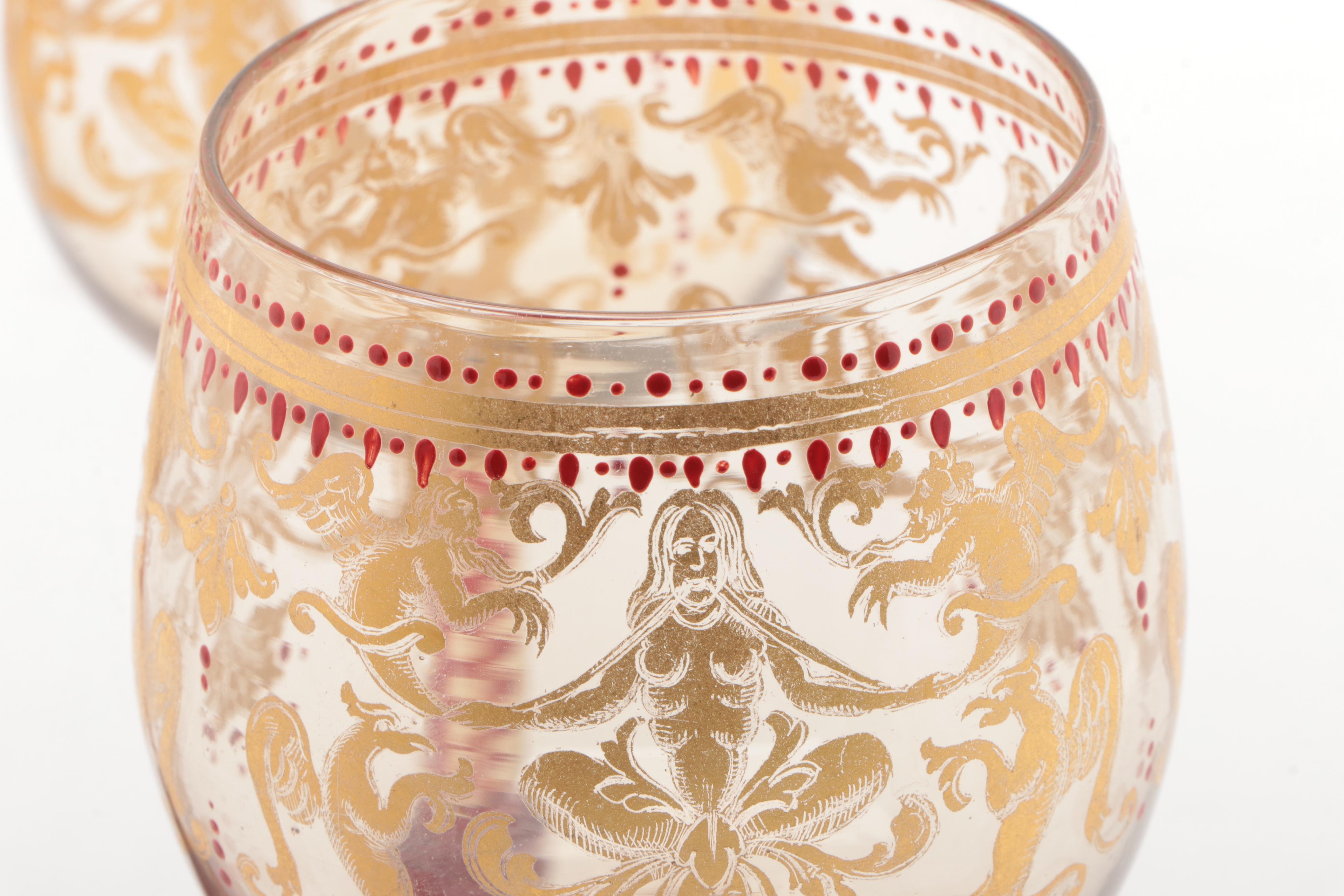 Moser Salviati Ruby and Gilt Wine Glasses, Late 19th/ Early 20th Century