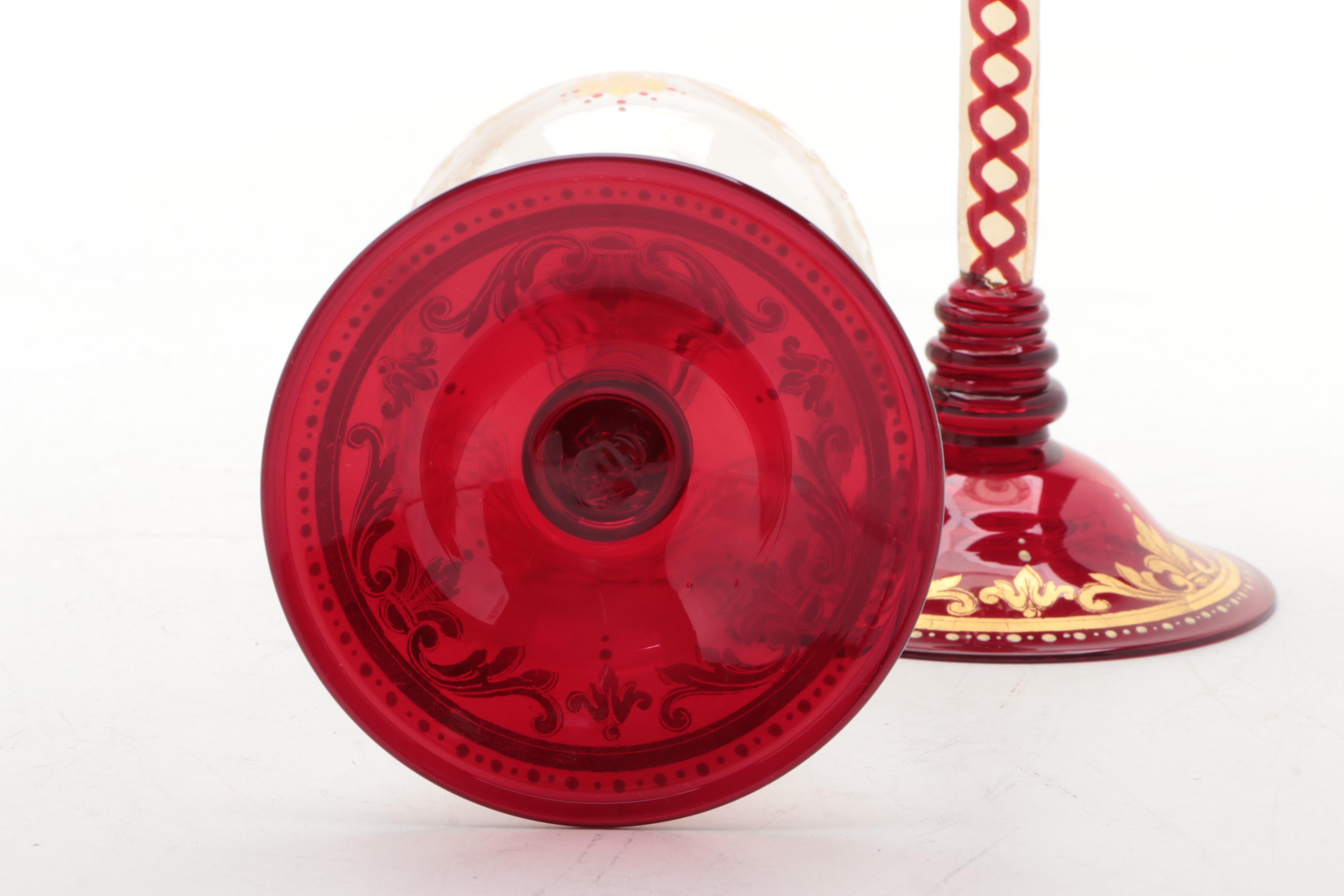 Moser Salviati Ruby and Gilt Wine Glasses, Late 19th/ Early 20th Century