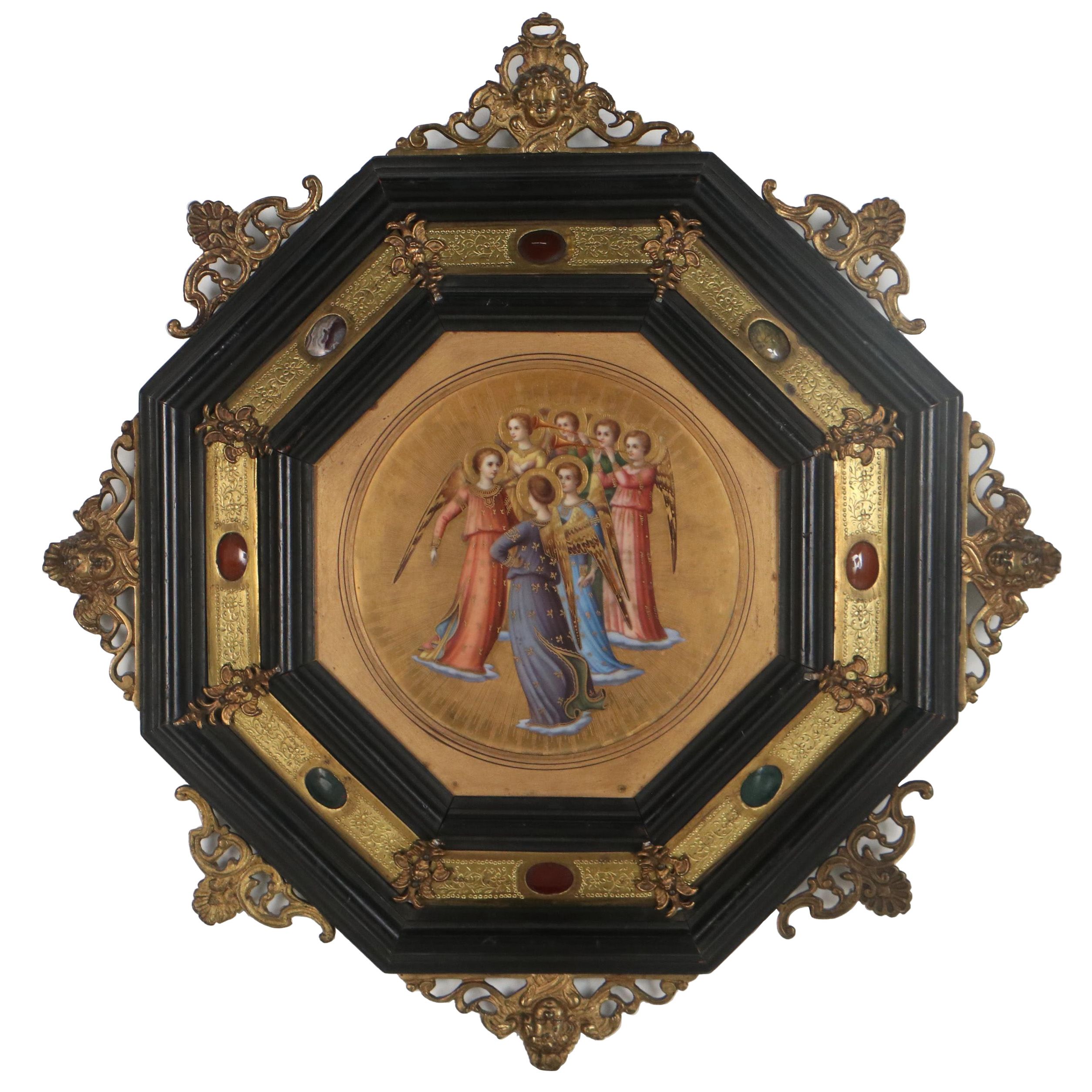 Gilt Hand-Painted Porcelain Plaque After Fra Angelico "Group of Angels"