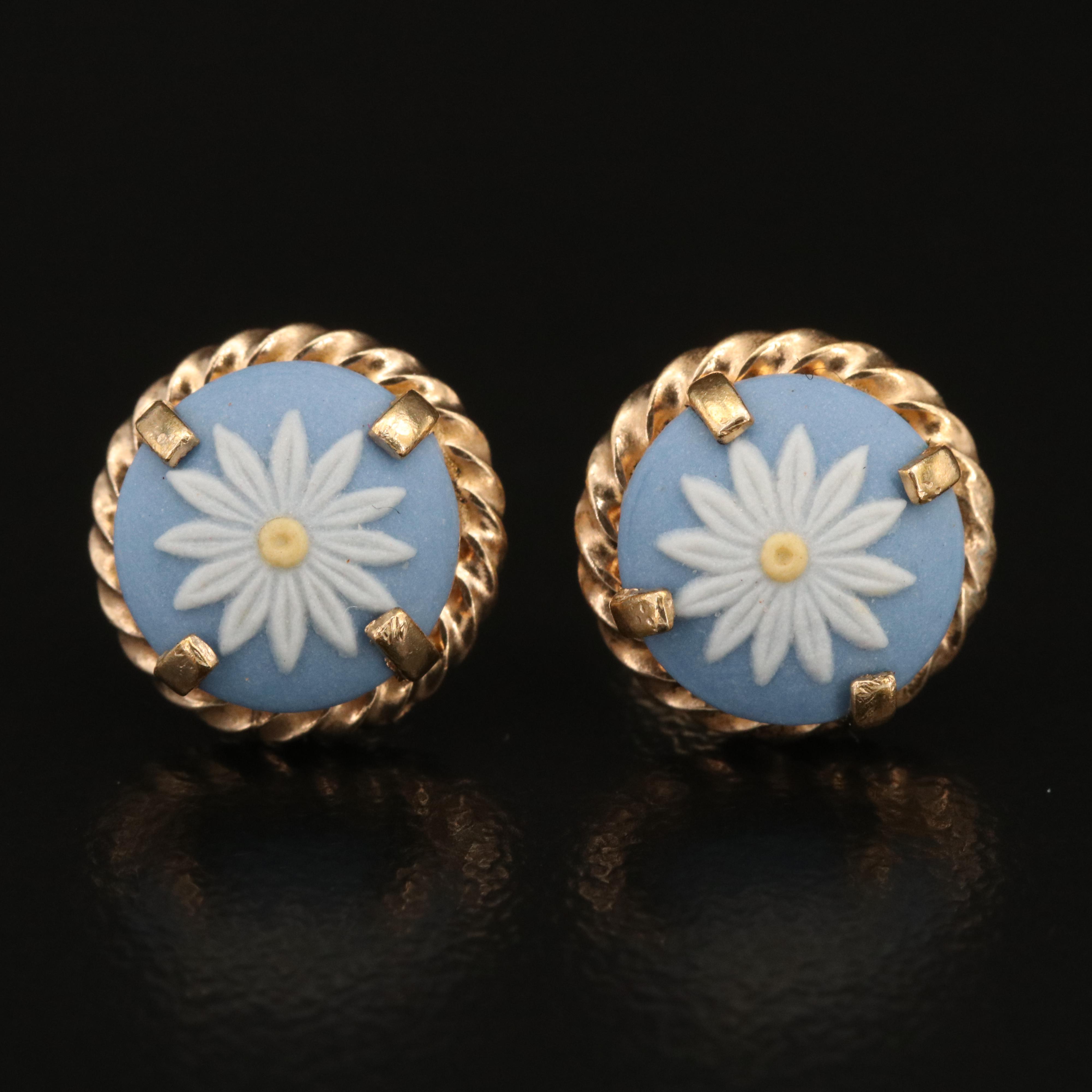 14K Wedgwood Ceramic Daisy Earrings