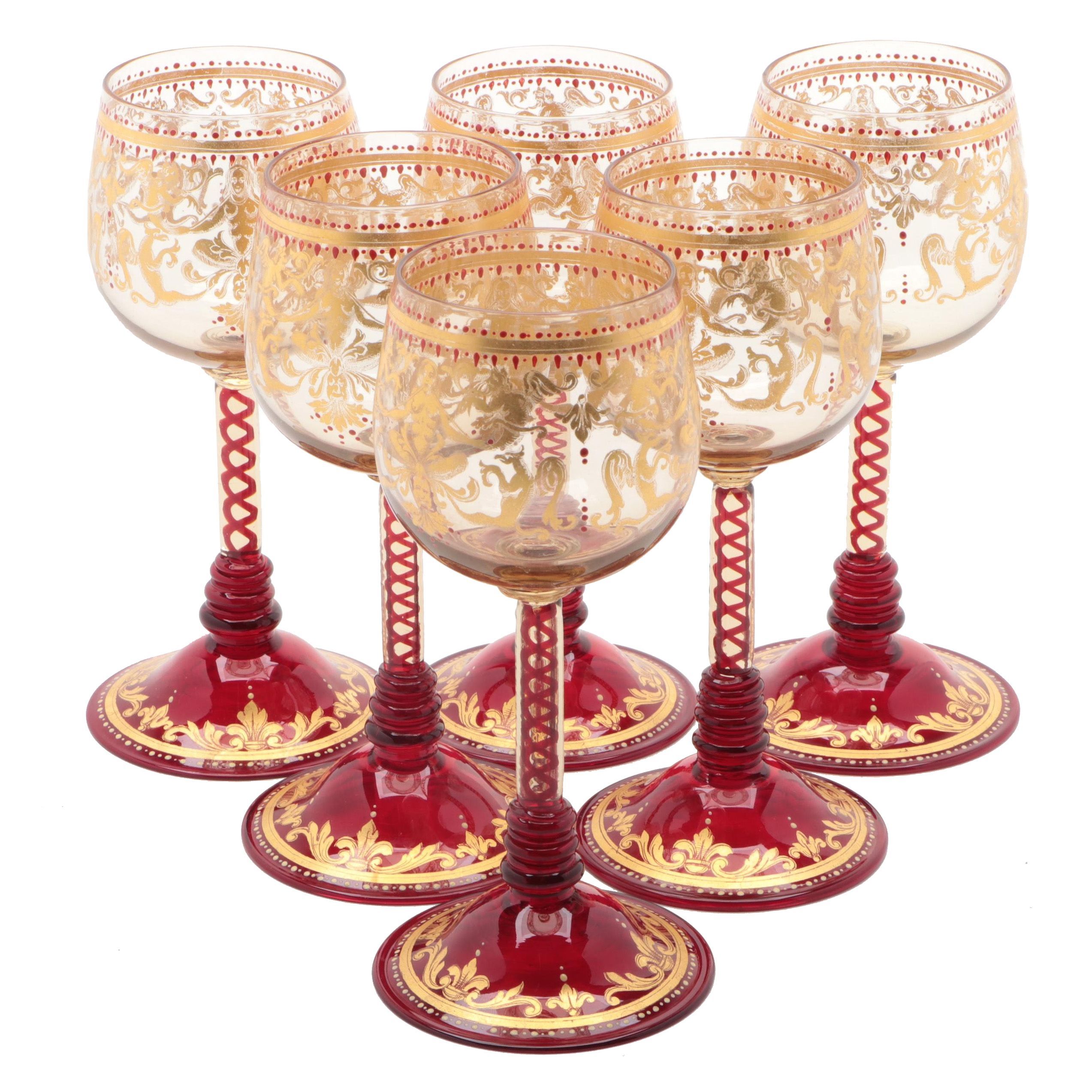 Moser Salviati Ruby and Gilt Wine Glasses, Late 19th/ Early 20th Century