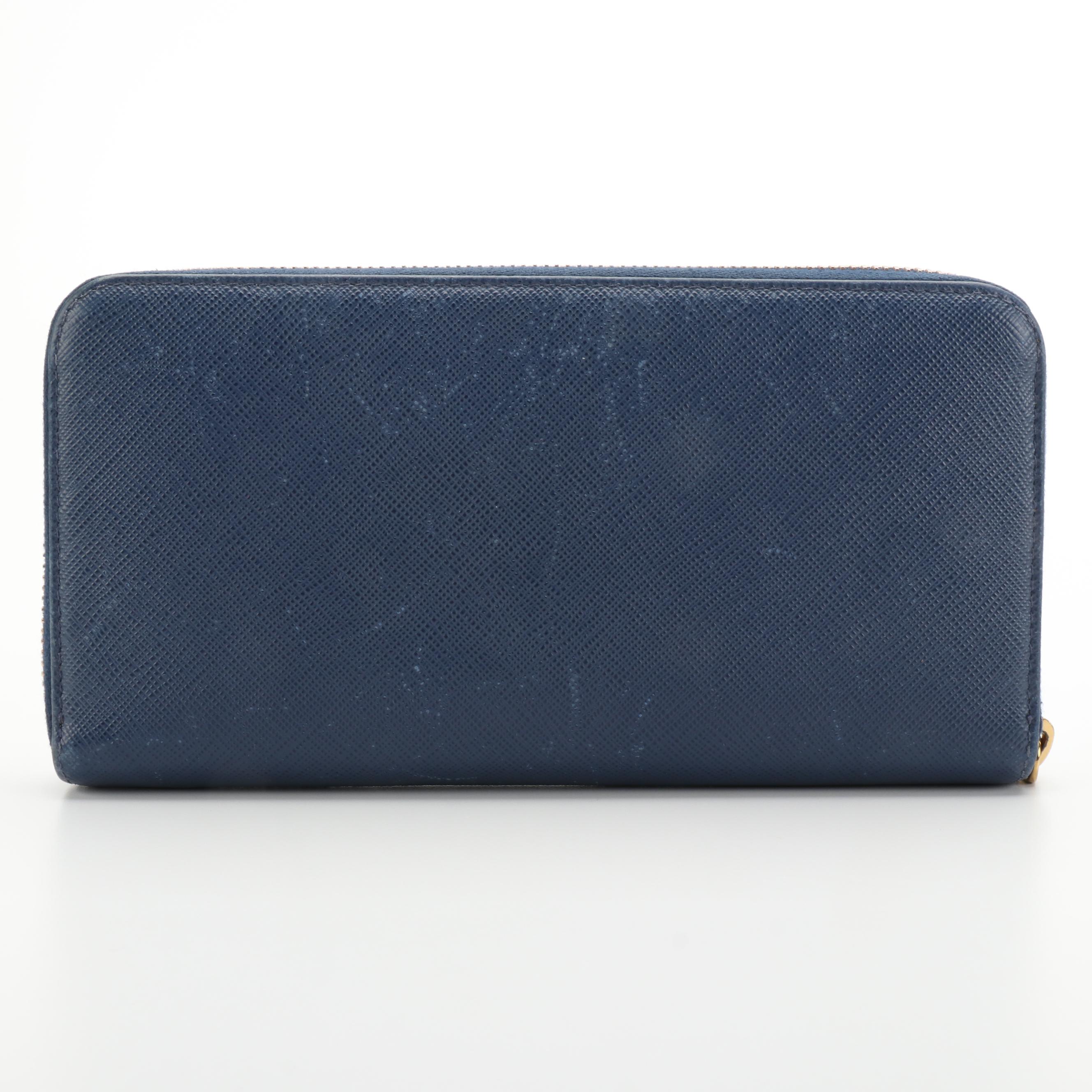 Prada Blue Saffiano Leather Zip-Around Wallet
