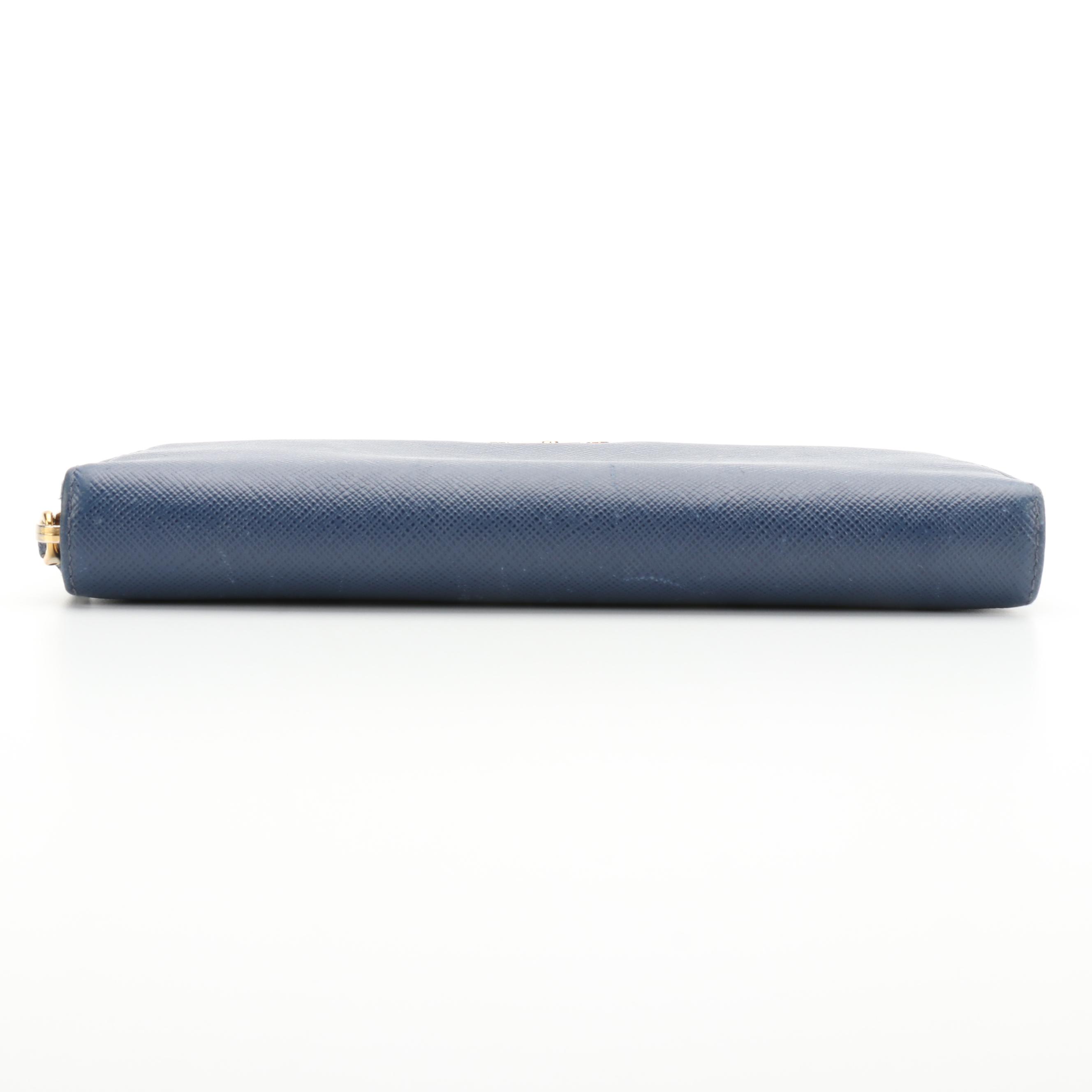 Prada Blue Saffiano Leather Zip-Around Wallet