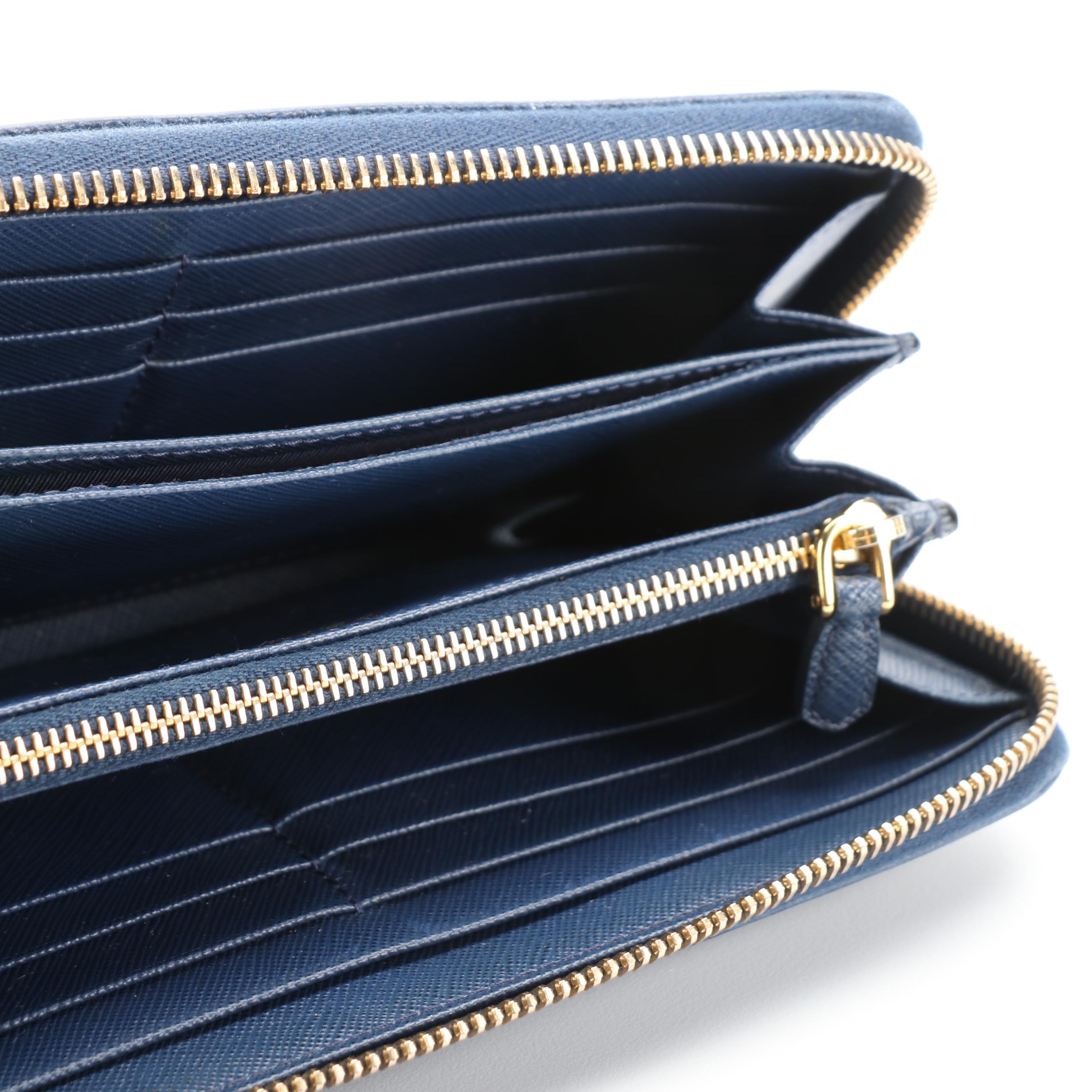 Prada Blue Saffiano Leather Zip-Around Wallet