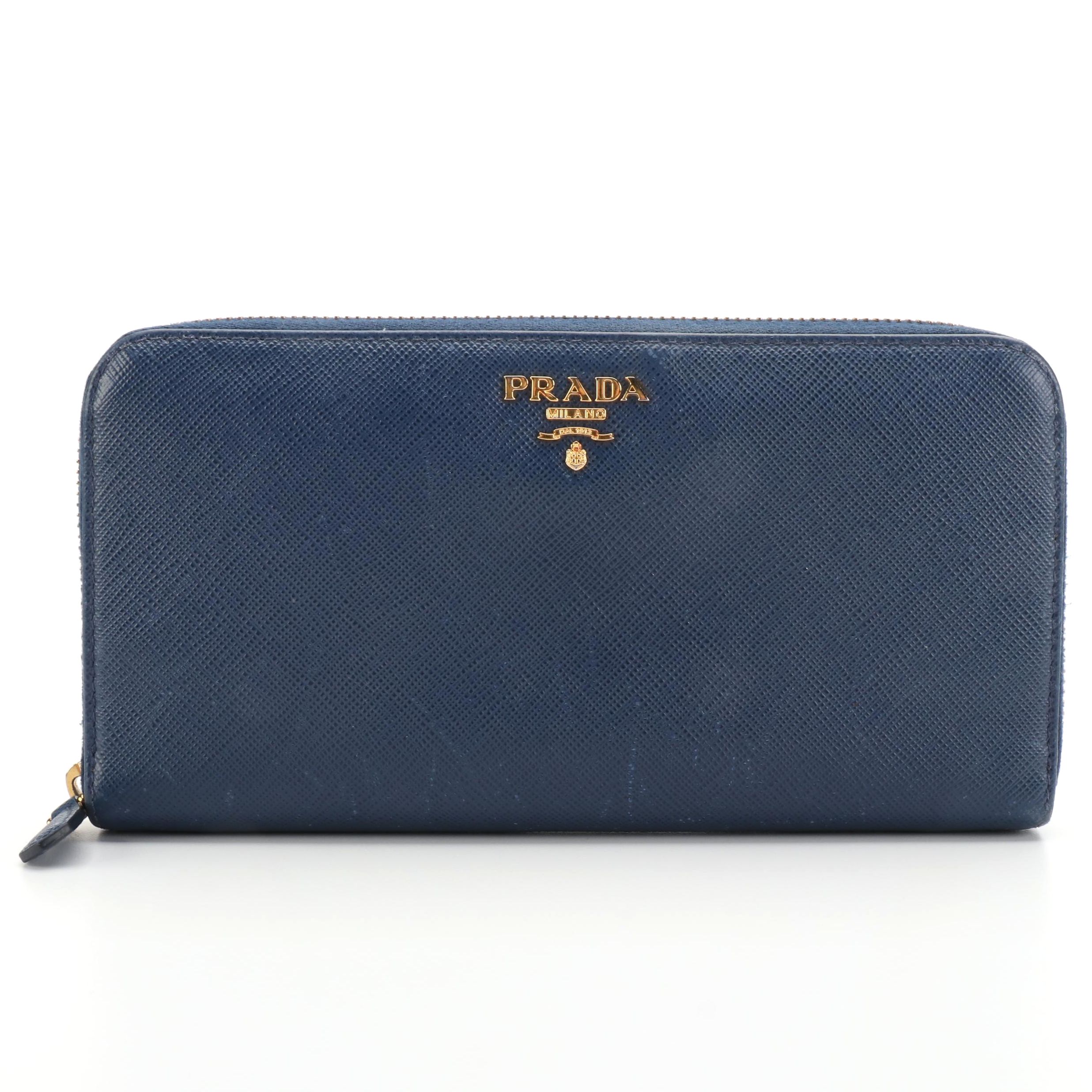 Prada Blue Saffiano Leather Zip-Around Wallet