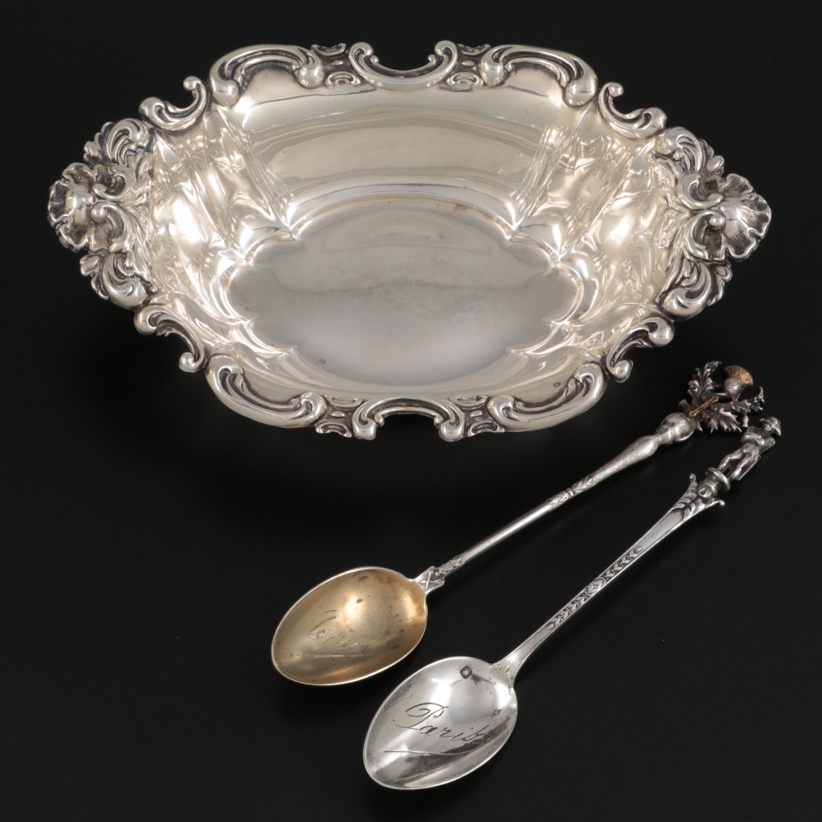 Simons Brothers Sterling Silver Nut Dish with Other Silver Souvenir Spoons