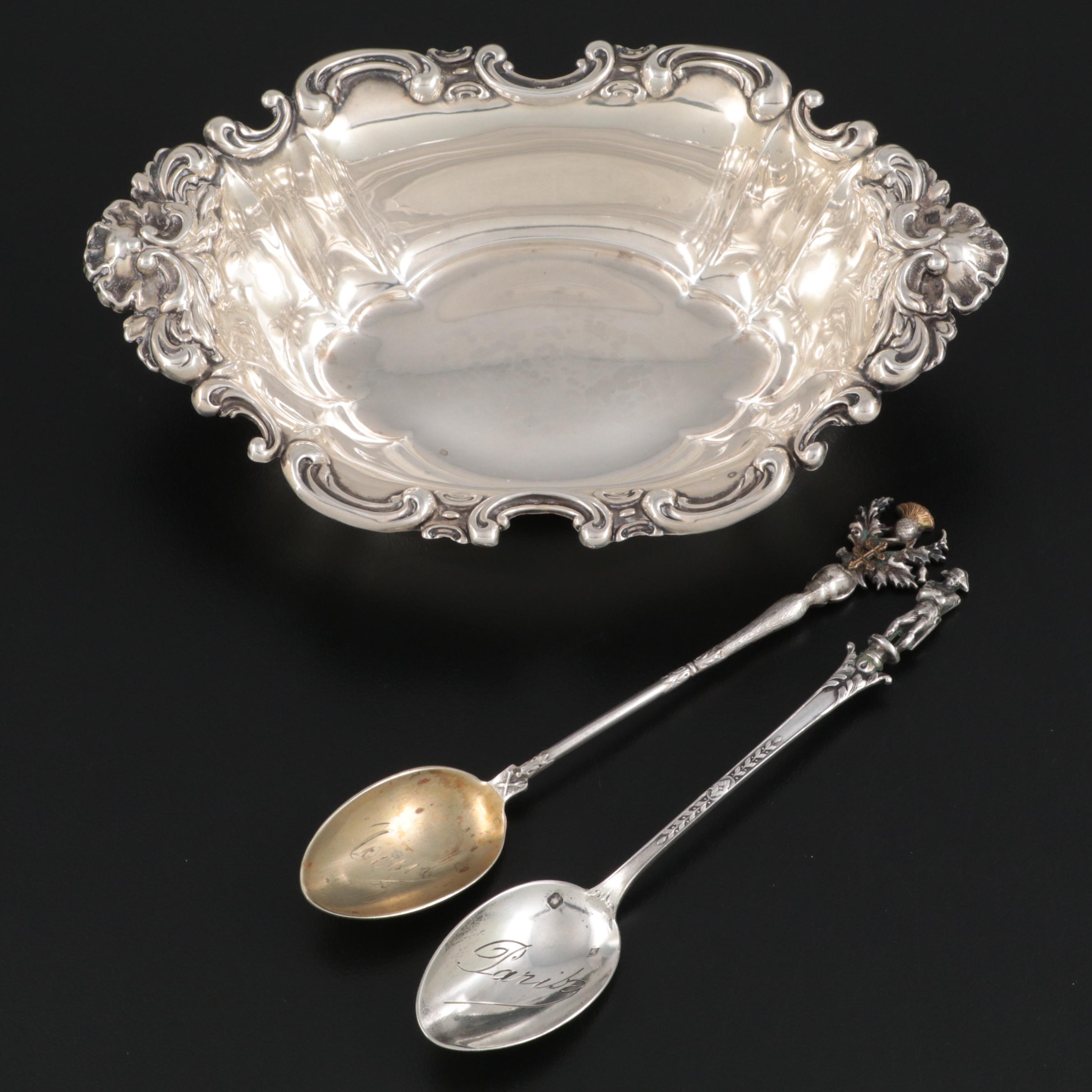 Simons Brothers Sterling Silver Nut Dish with Other Silver Souvenir Spoons