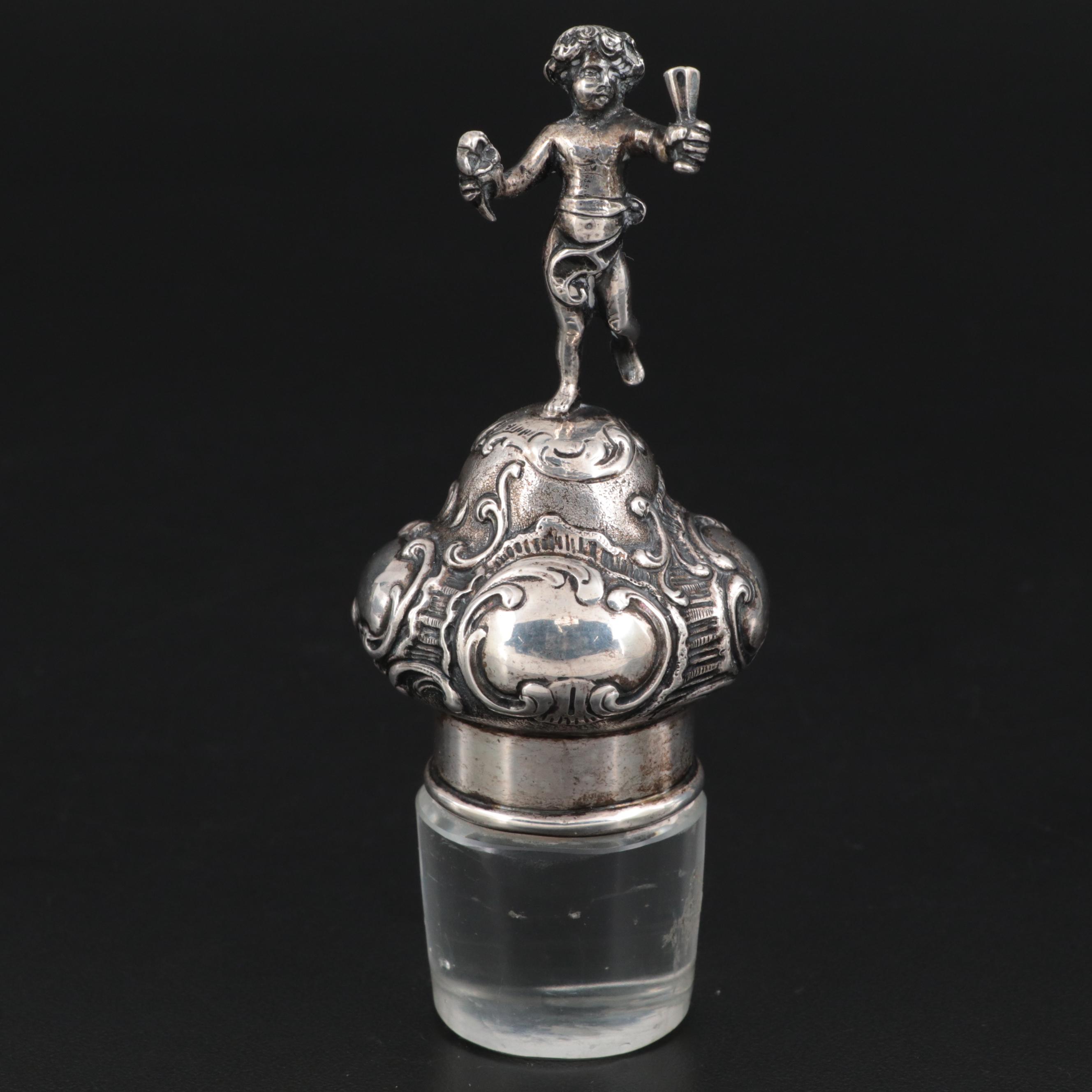 Rococo Style Putti Figural 800 Silver and Glass Stopper