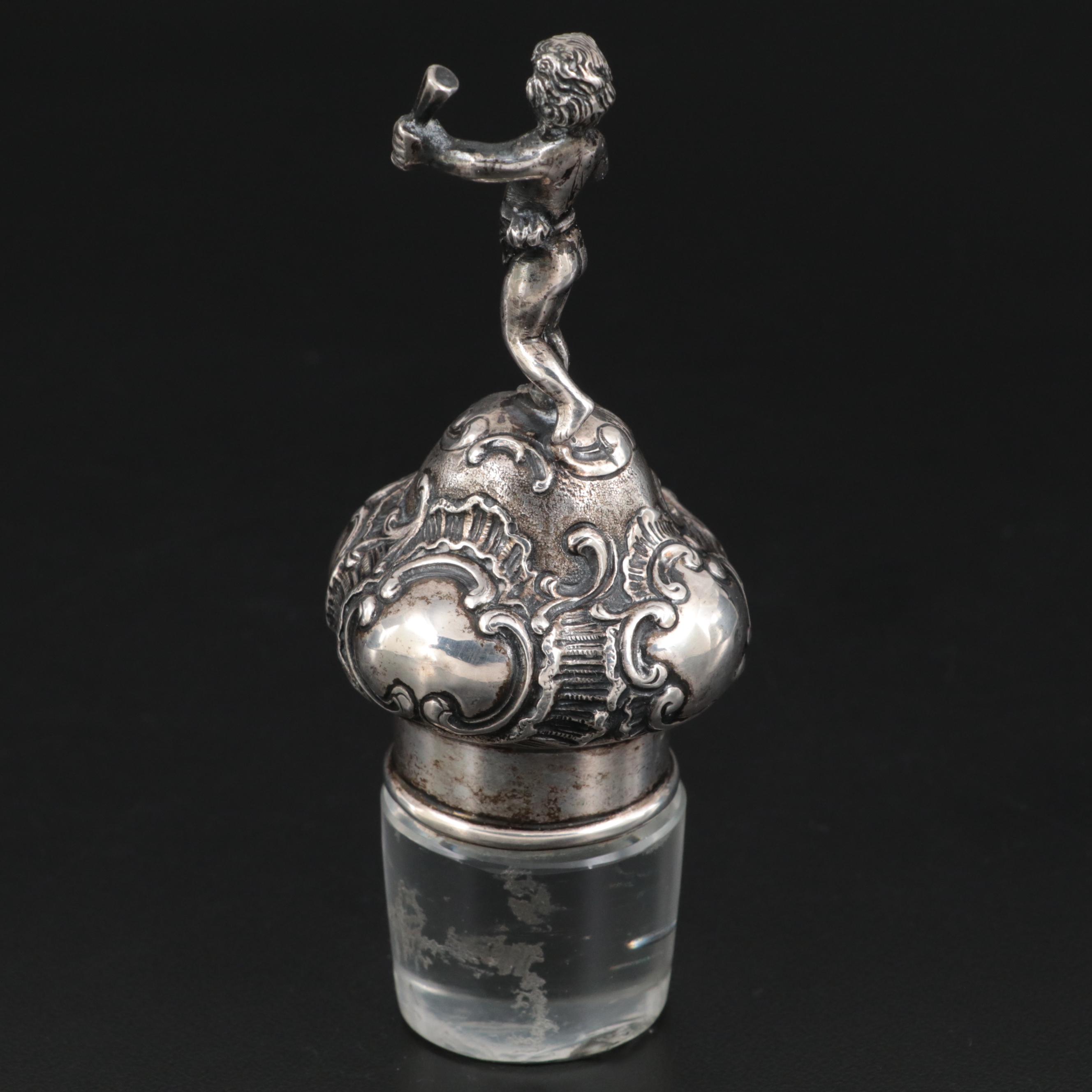 Rococo Style Putti Figural 800 Silver and Glass Stopper