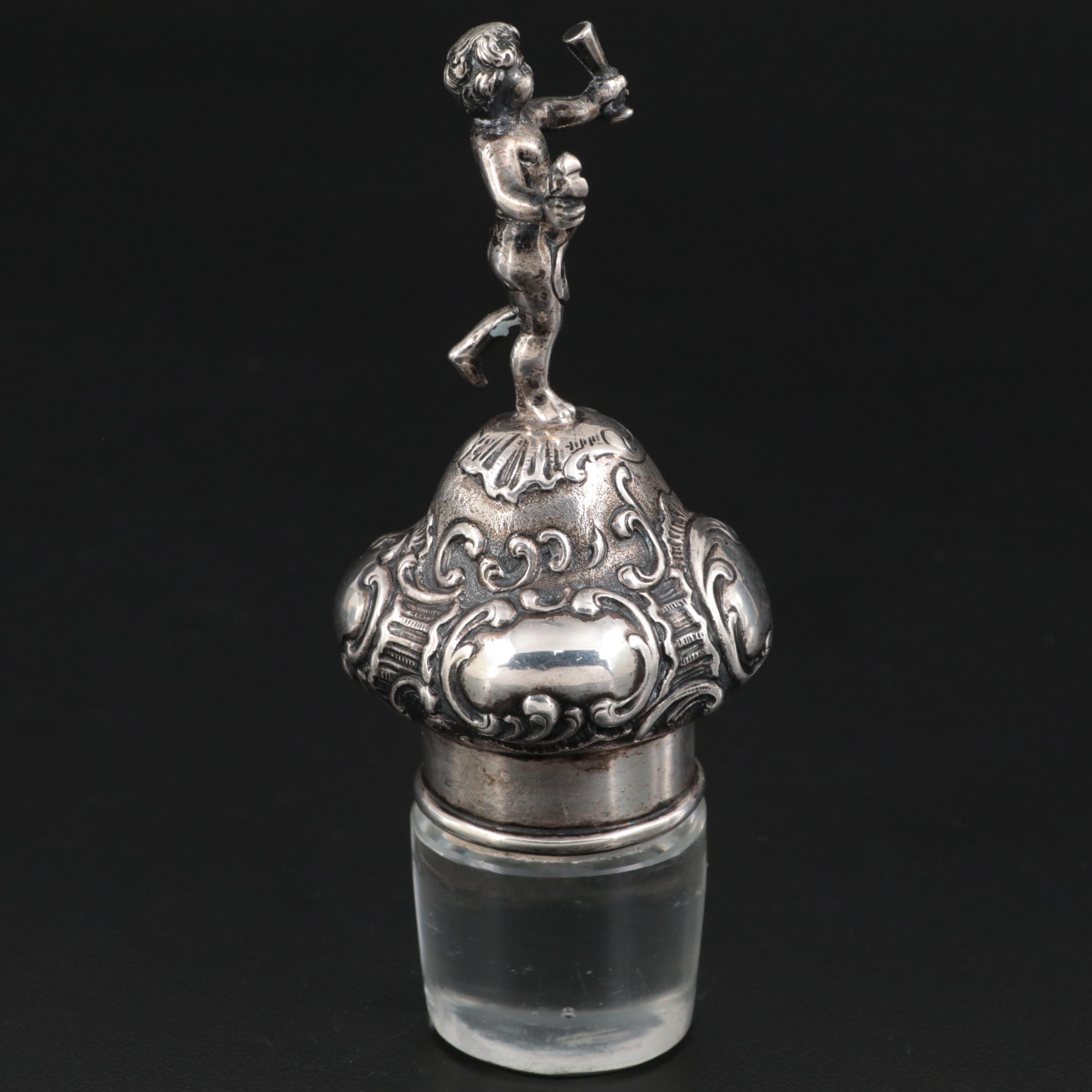Rococo Style Putti Figural 800 Silver and Glass Stopper