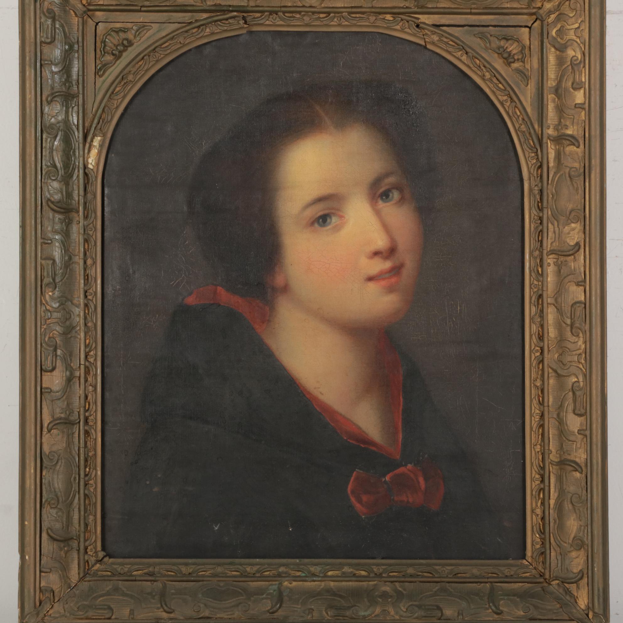 Portrait Oil Painting of Young Woman, 19th Century