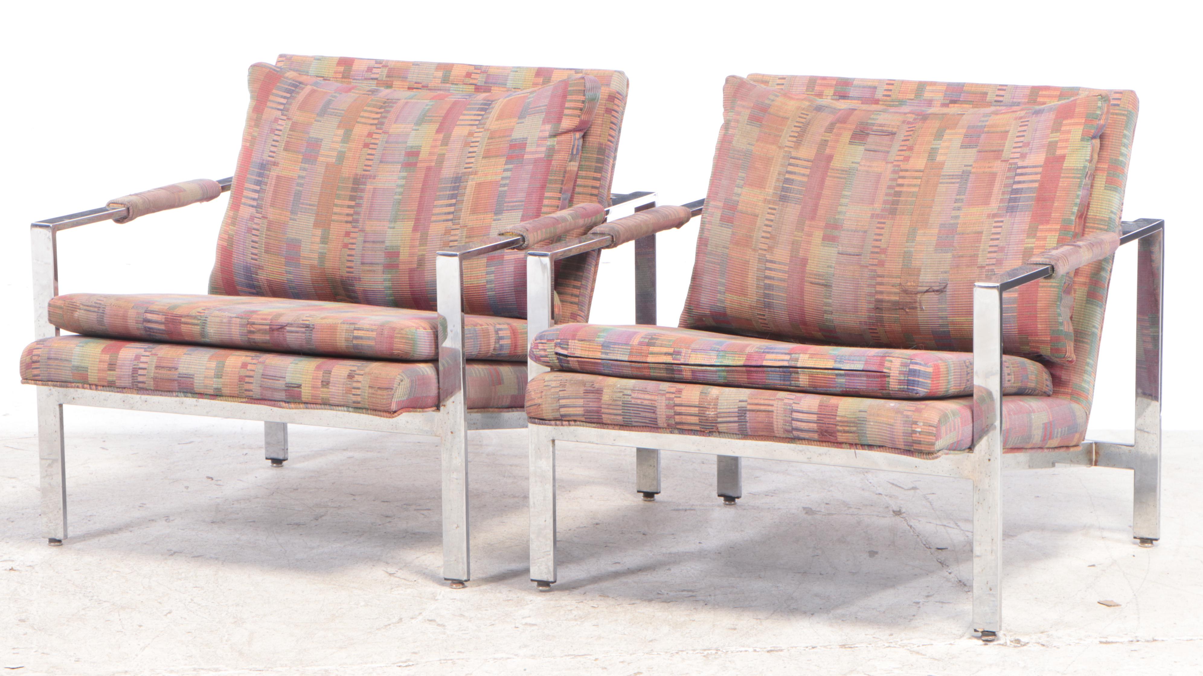 Milo Baughman for Thayer Coggin Chrome Flatbar Lounge Chairs with Ottoman