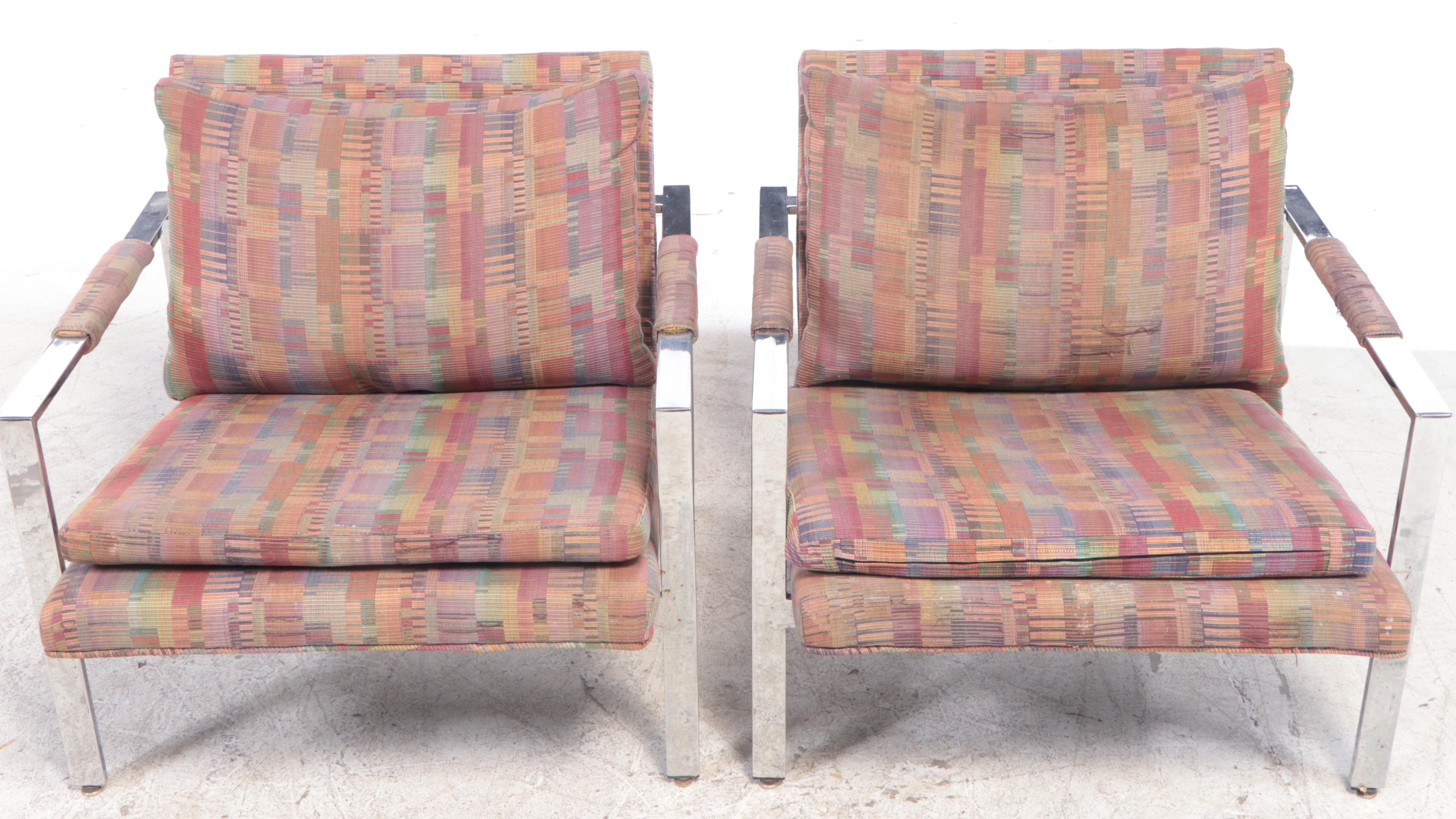 Milo Baughman for Thayer Coggin Chrome Flatbar Lounge Chairs with Ottoman