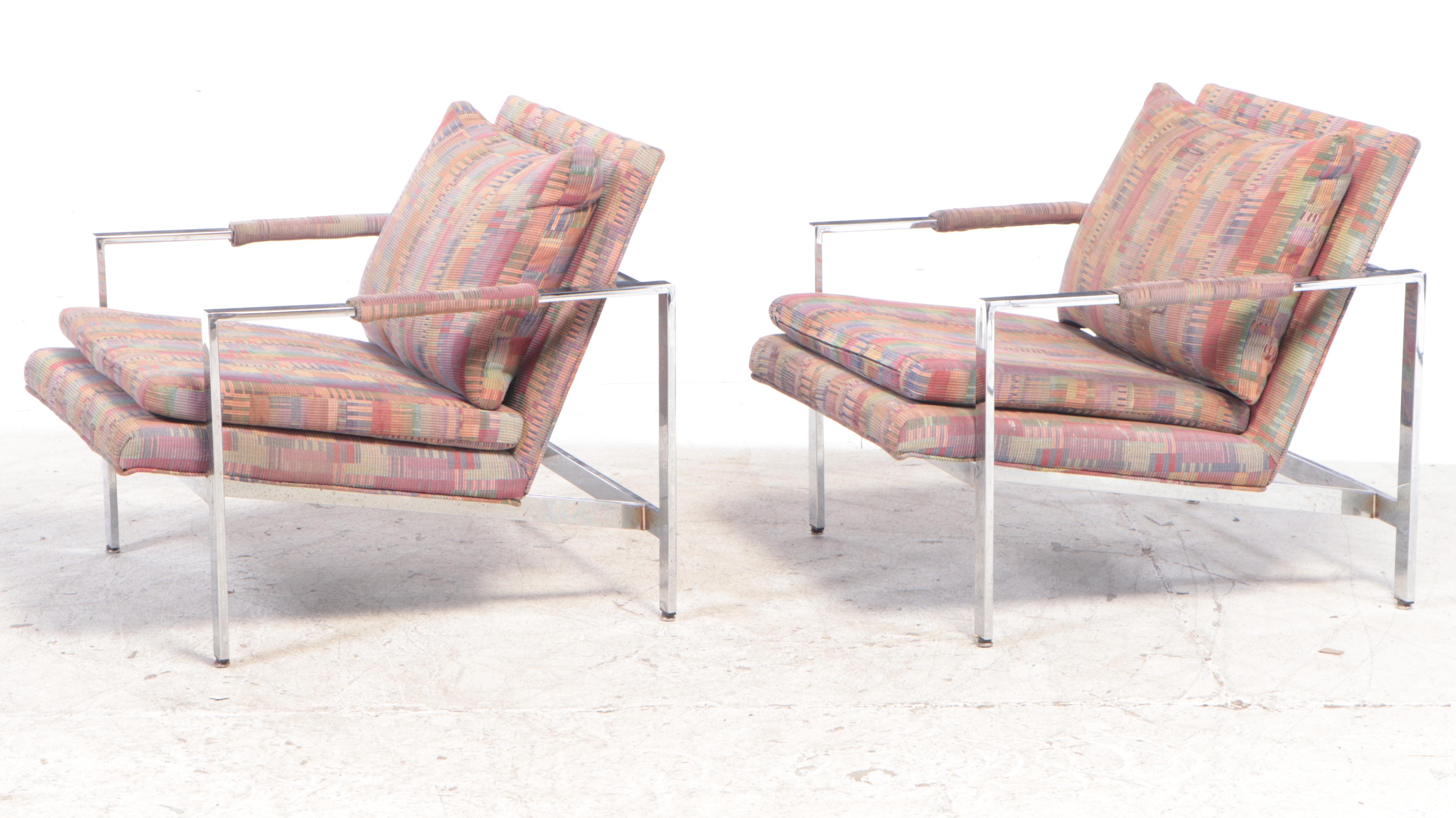 Milo Baughman for Thayer Coggin Chrome Flatbar Lounge Chairs with Ottoman