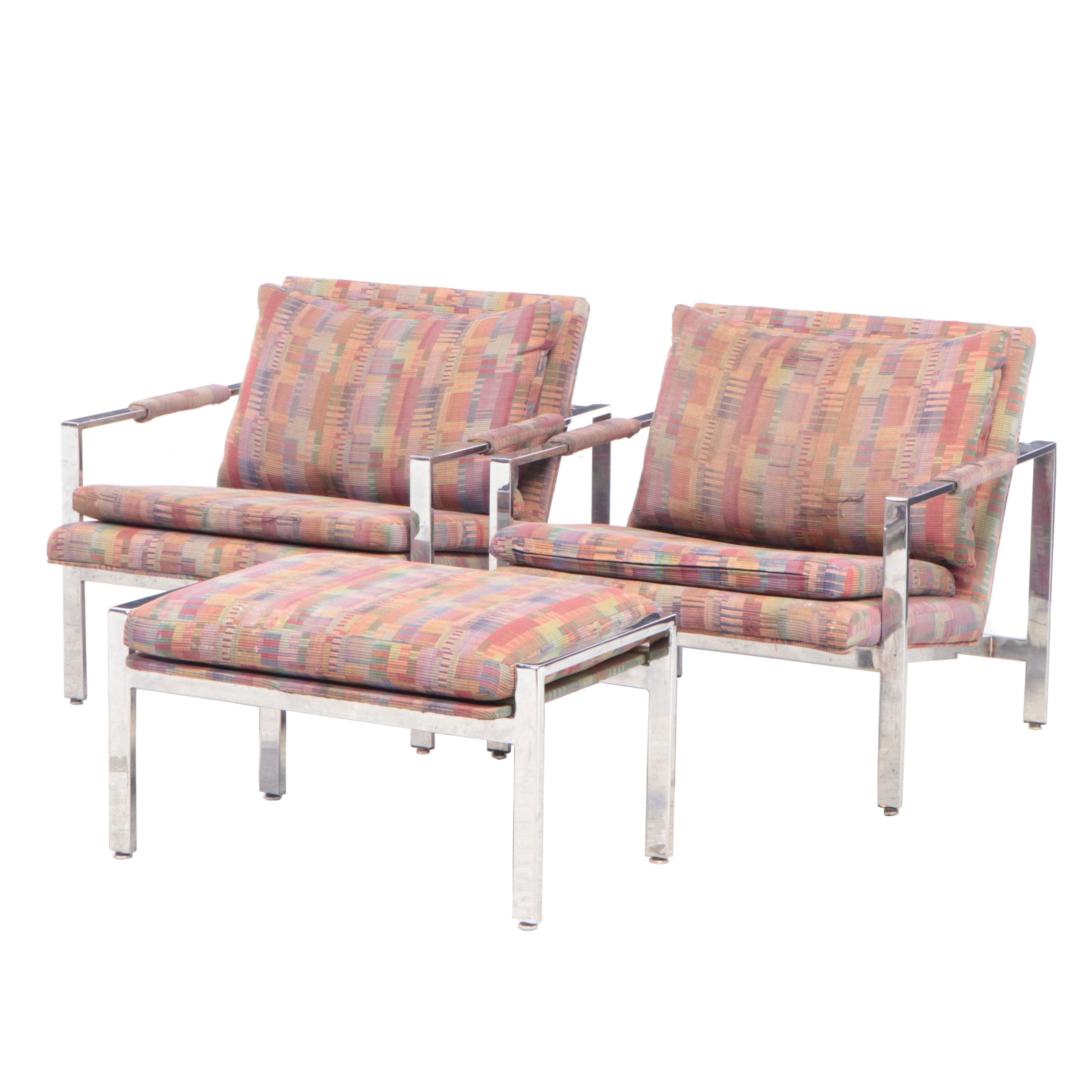Milo Baughman for Thayer Coggin Chrome Flatbar Lounge Chairs with Ottoman