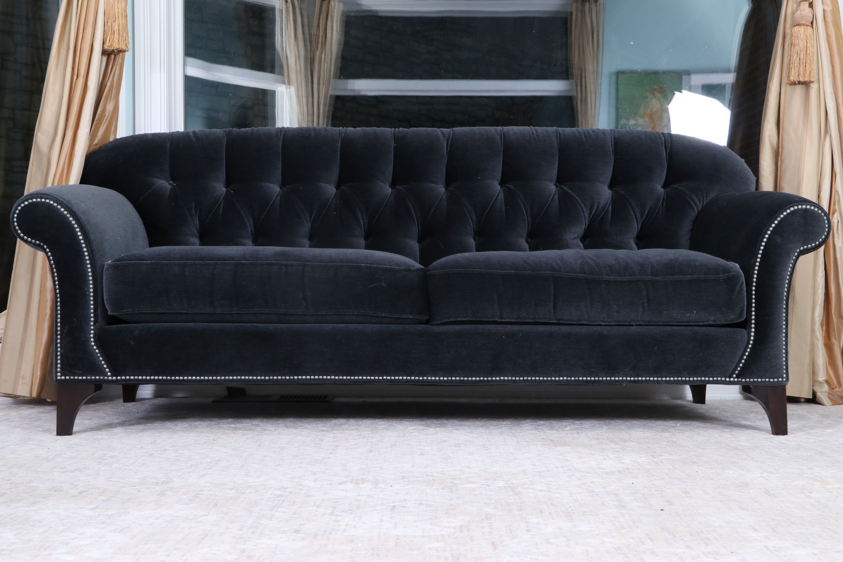 Arhaus Furniture "Preston" Tufted Velvet Sofa in Vernon Smoke