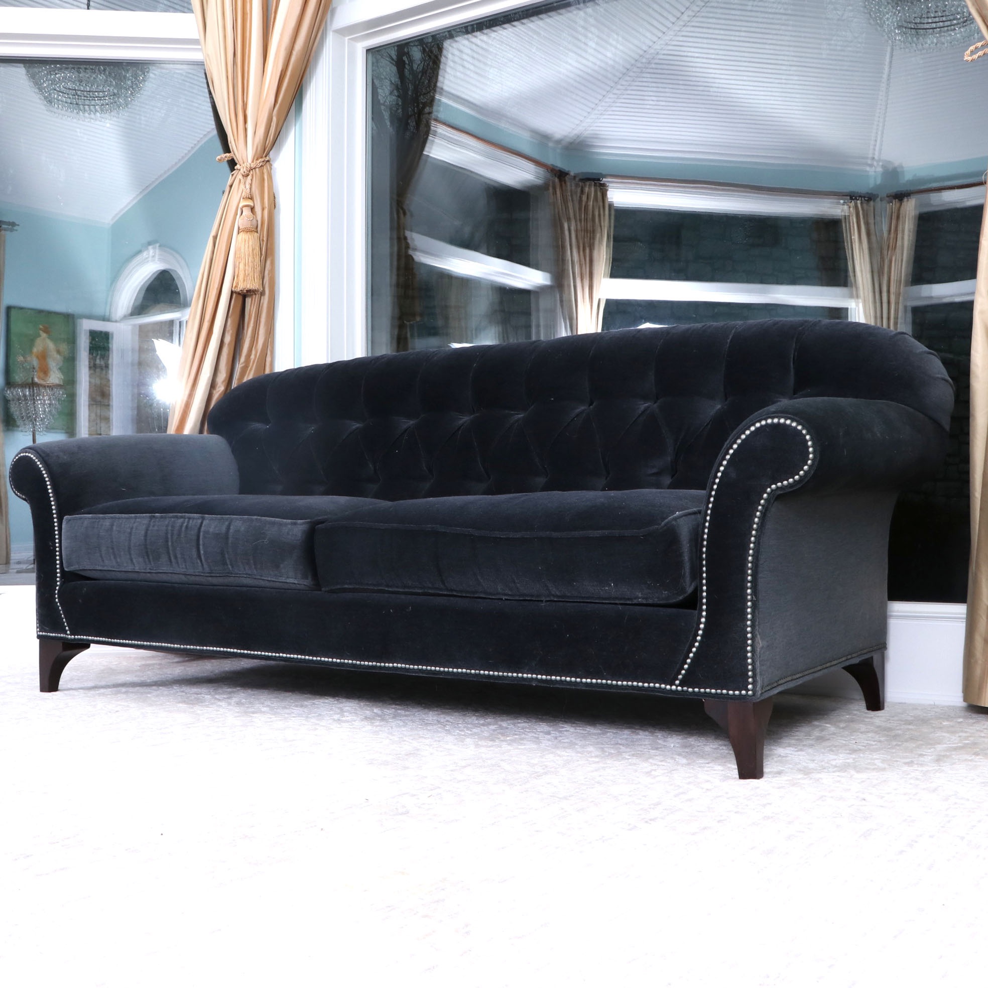 Arhaus Furniture "Preston" Tufted Velvet Sofa in Vernon Smoke