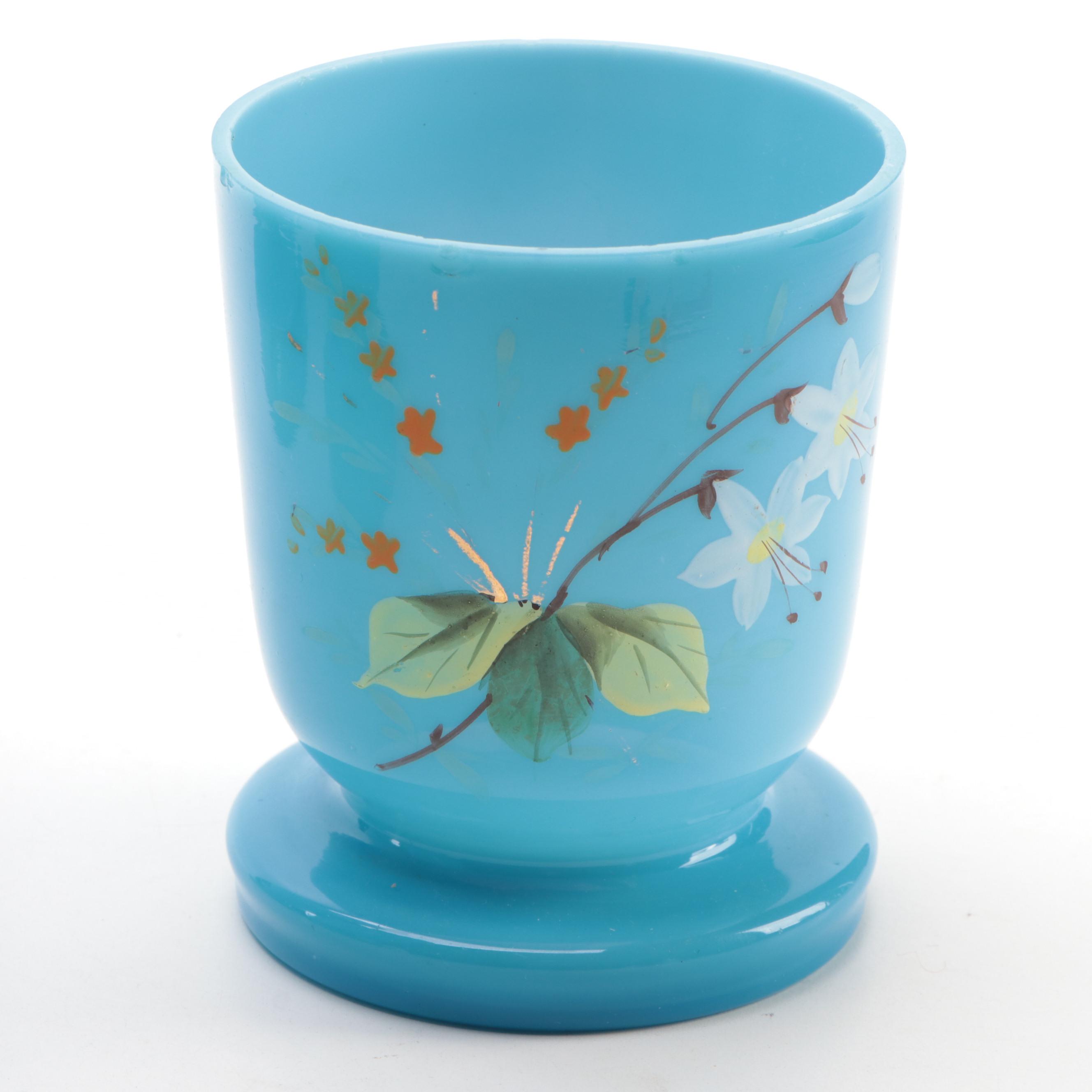 Victorian Blue Bristol Glass Hand-Painted Vases, Late 19th/ Early 20th Century