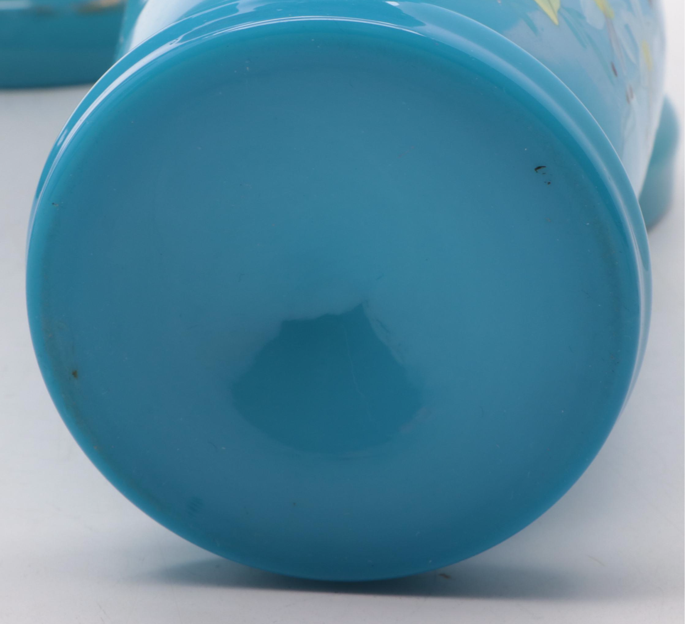 Victorian Blue Bristol Glass Hand-Painted Vases, Late 19th/ Early 20th Century