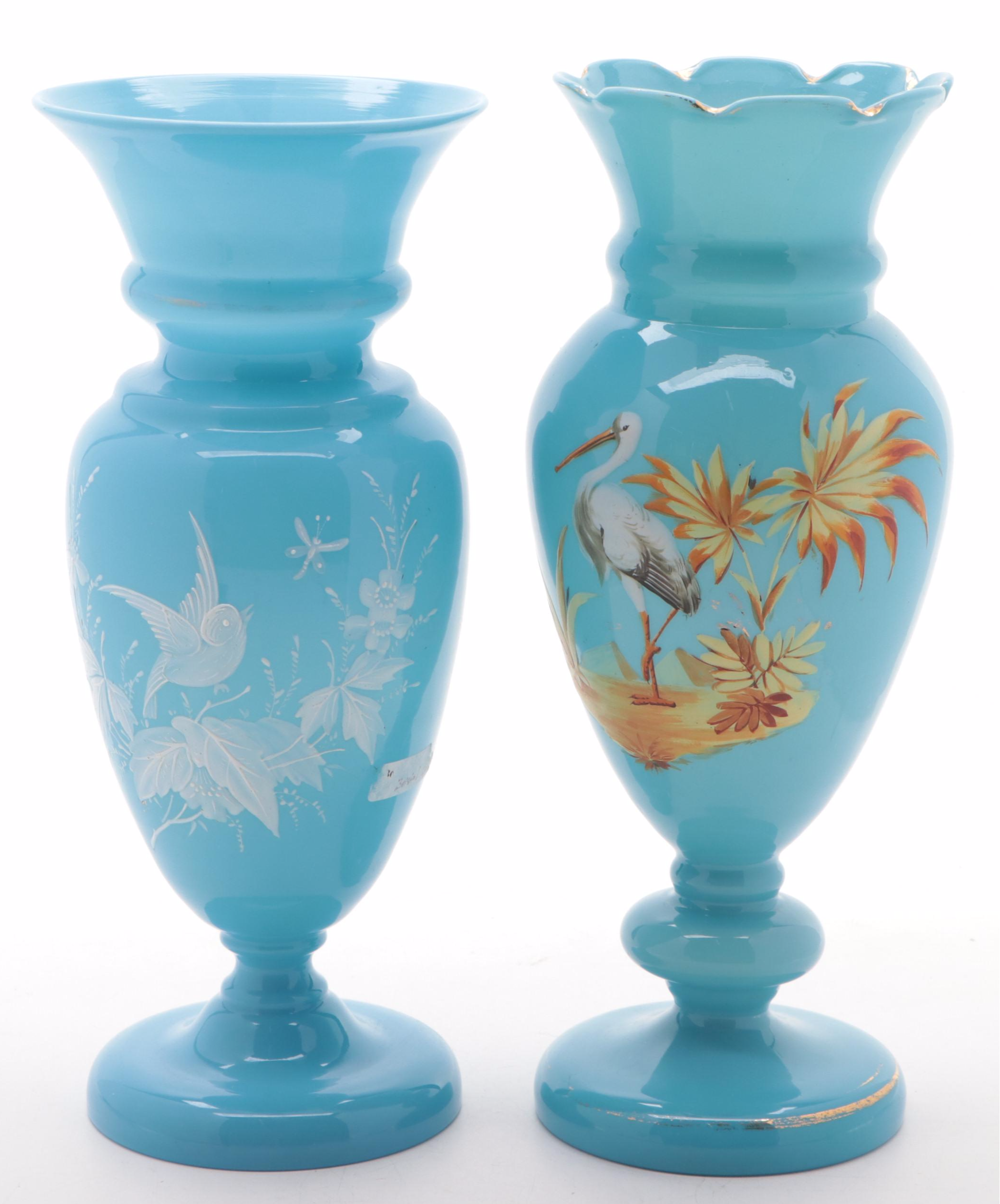 Victorian Blue Bristol Glass Hand-Painted Vases, Late 19th/ Early 20th Century