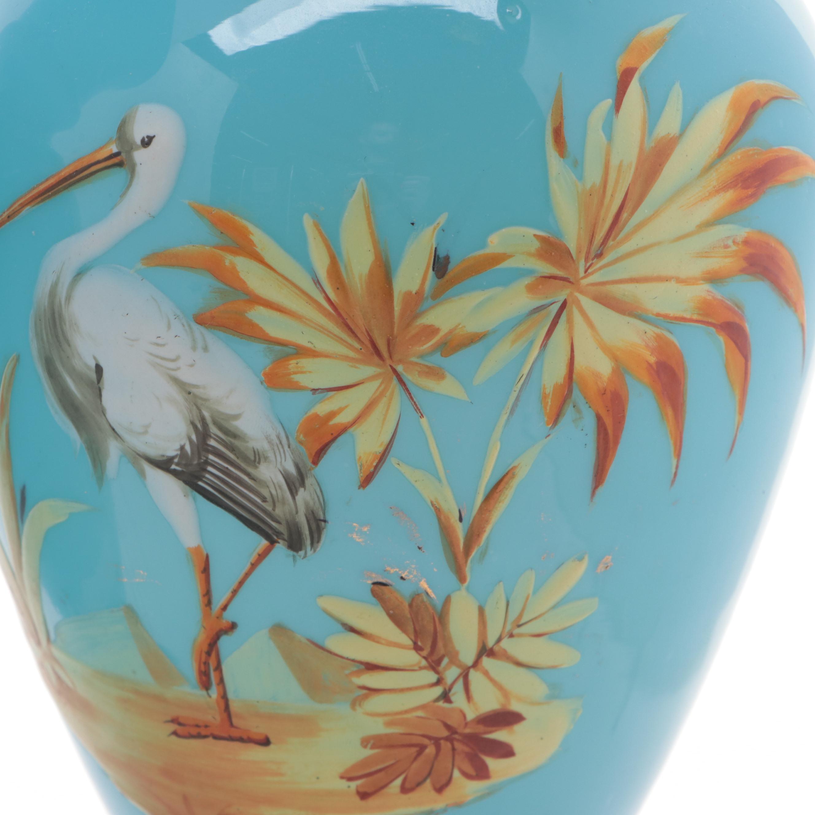 Victorian Blue Bristol Glass Hand-Painted Vases, Late 19th/ Early 20th Century