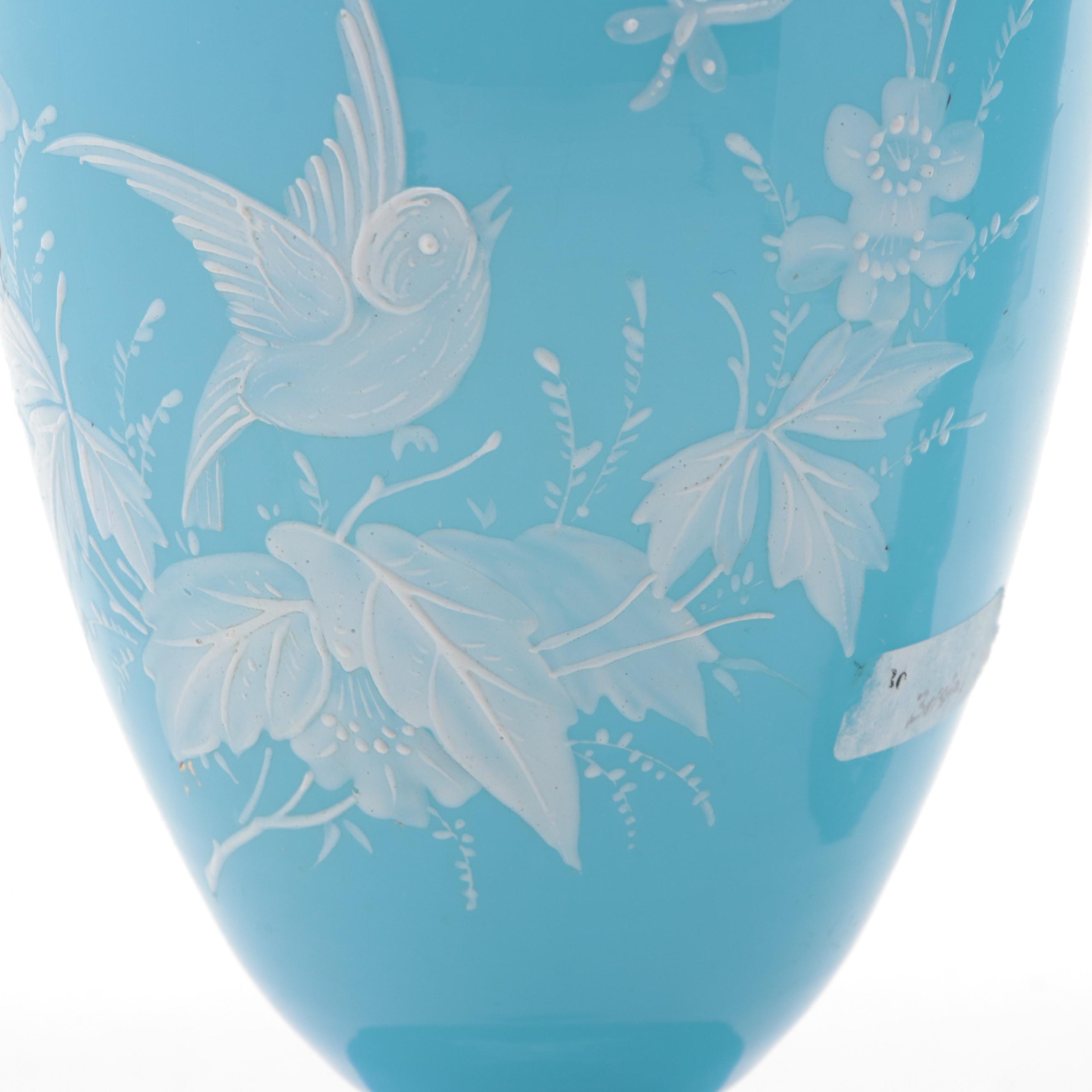 Victorian Blue Bristol Glass Hand-Painted Vases, Late 19th/ Early 20th Century