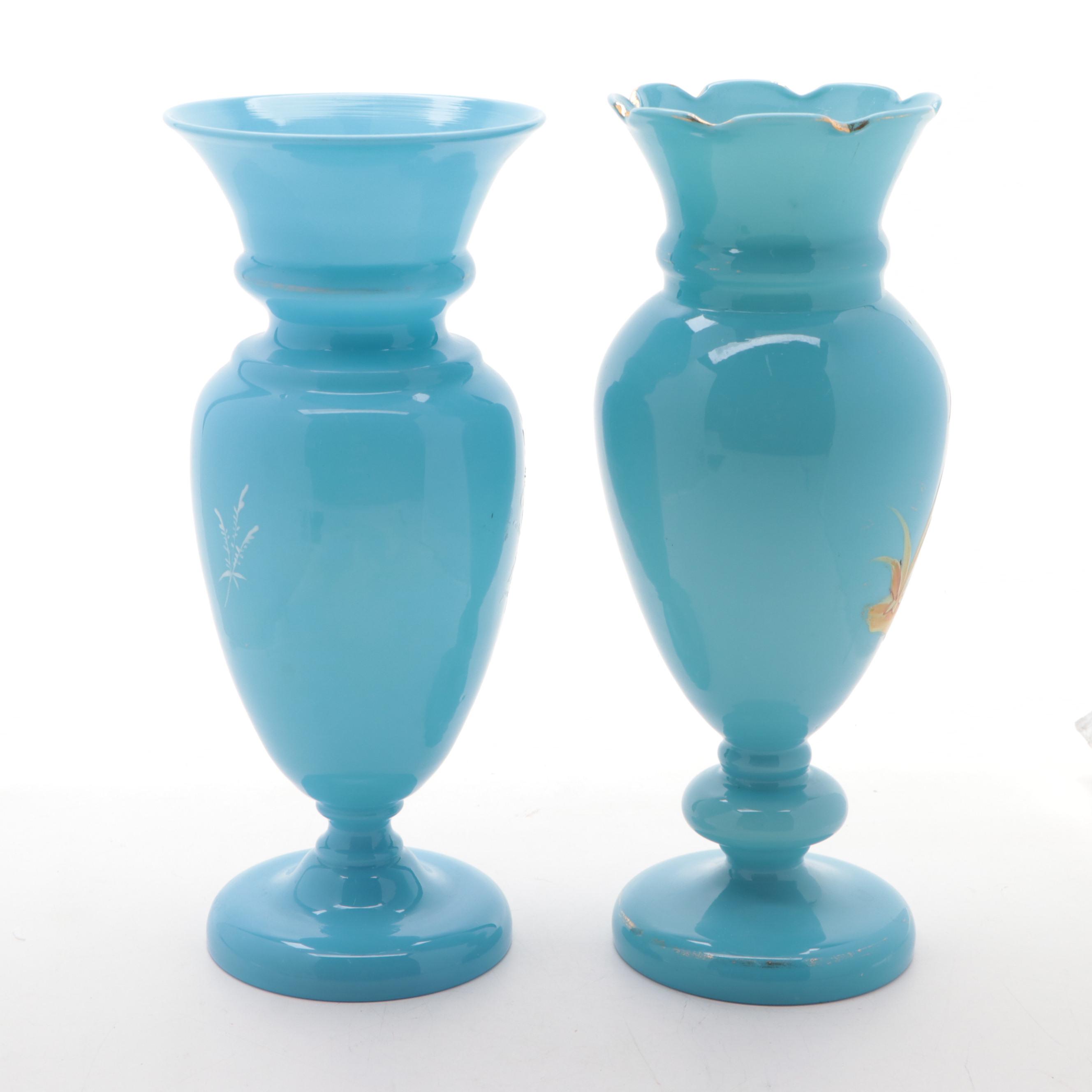 Victorian Blue Bristol Glass Hand-Painted Vases, Late 19th/ Early 20th Century