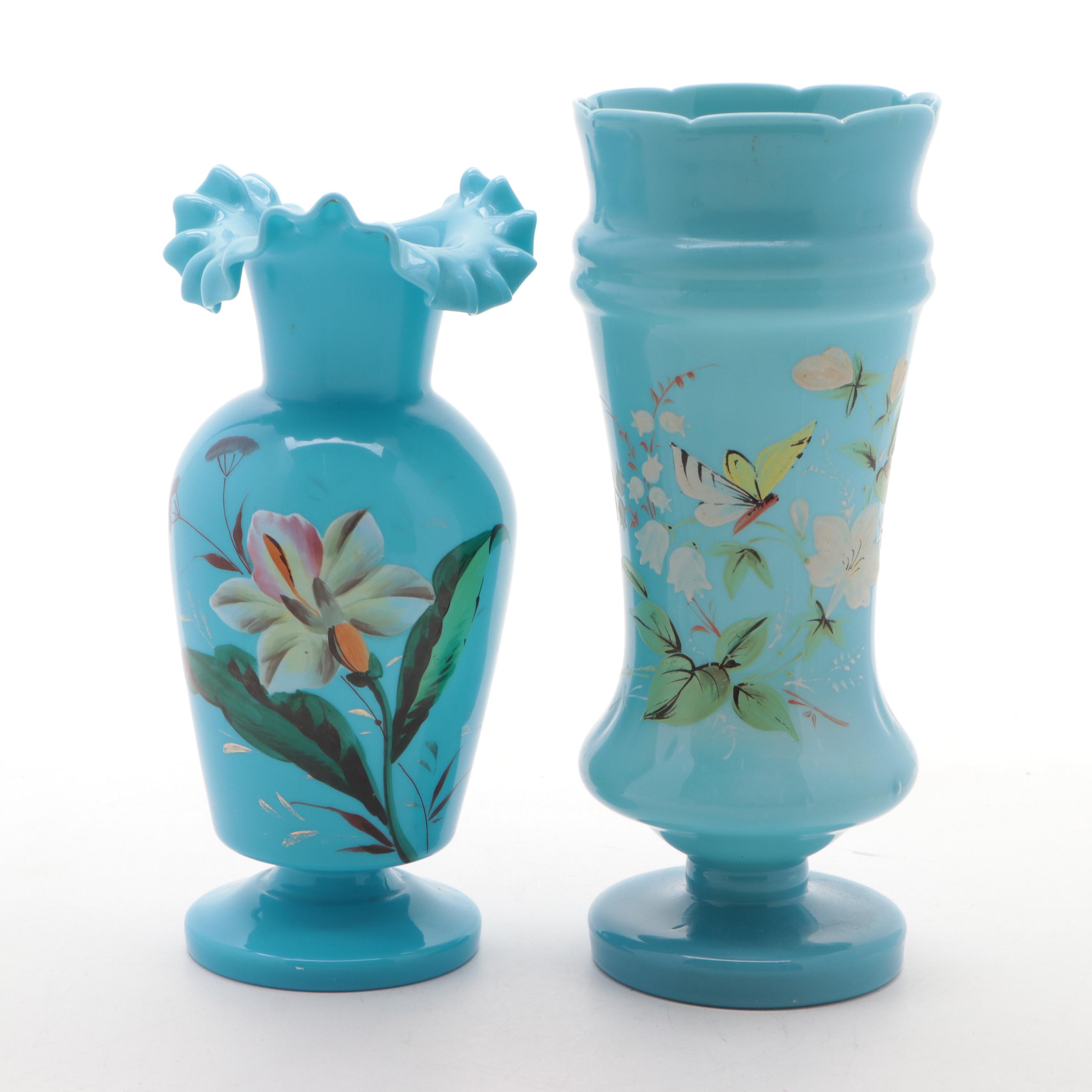 Victorian Blue Bristol Glass Hand-Painted Vases, Late 19th/ Early 20th Century