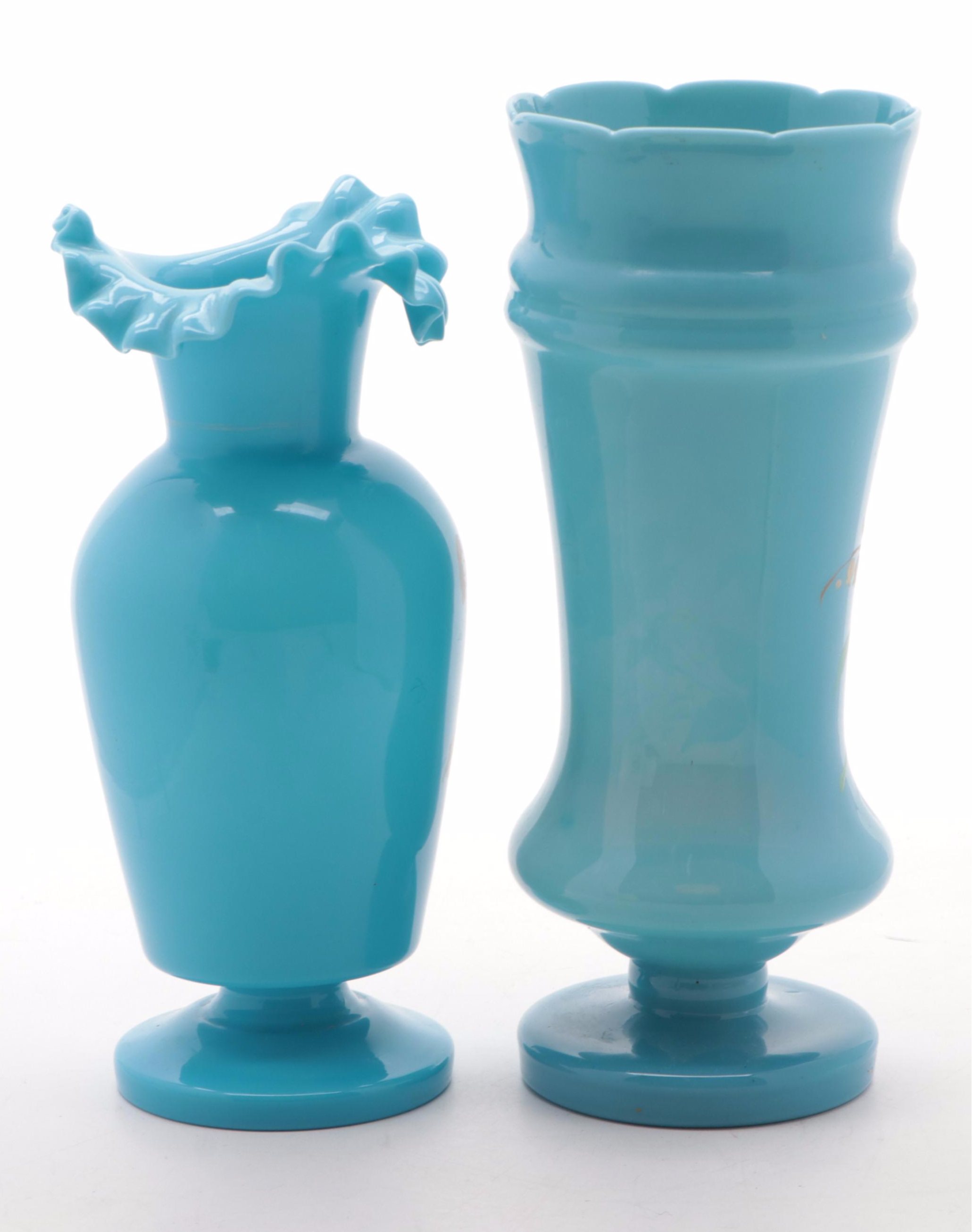 Victorian Blue Bristol Glass Hand-Painted Vases, Late 19th/ Early 20th Century