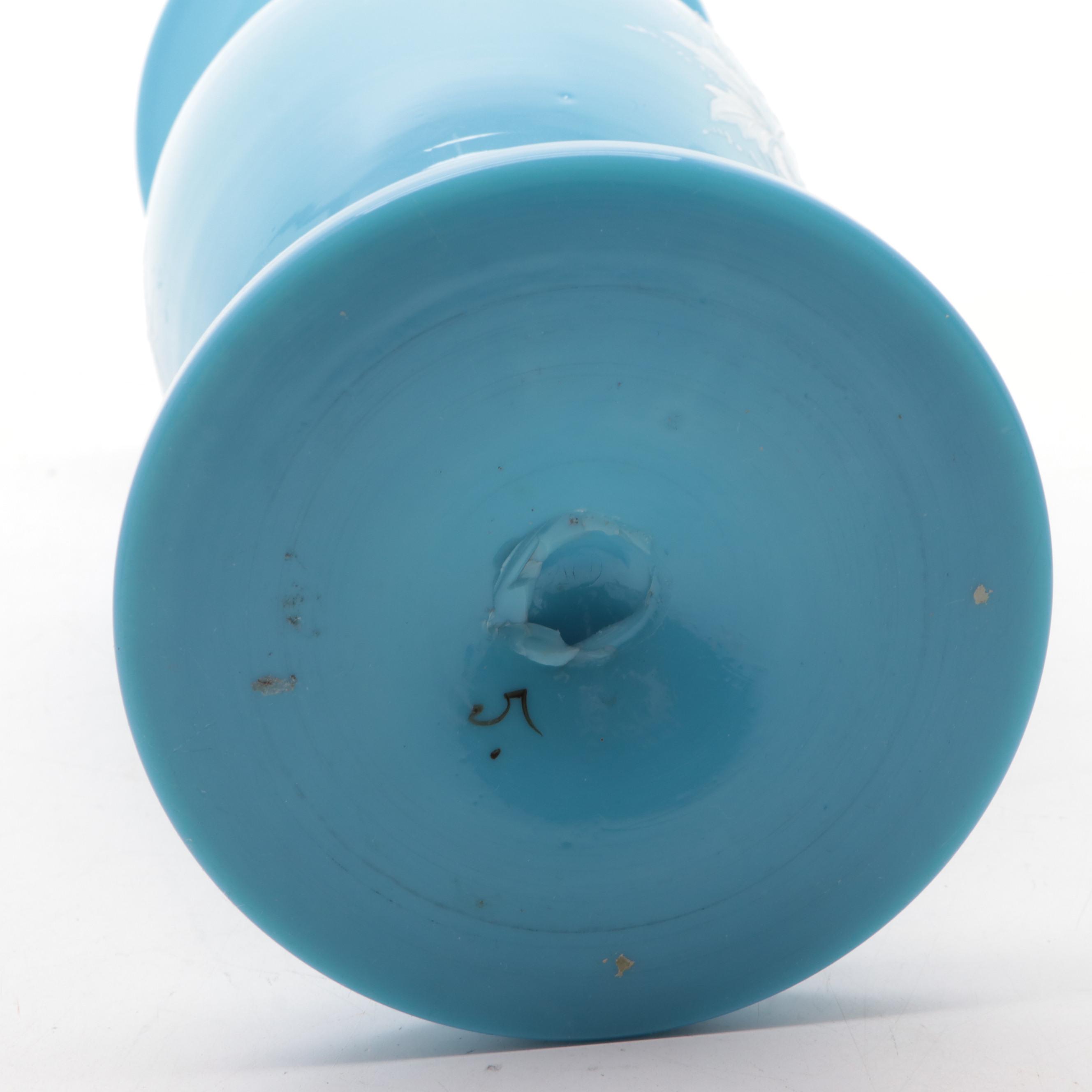 Victorian Blue Bristol Glass Hand-Painted Vases, Late 19th/ Early 20th Century