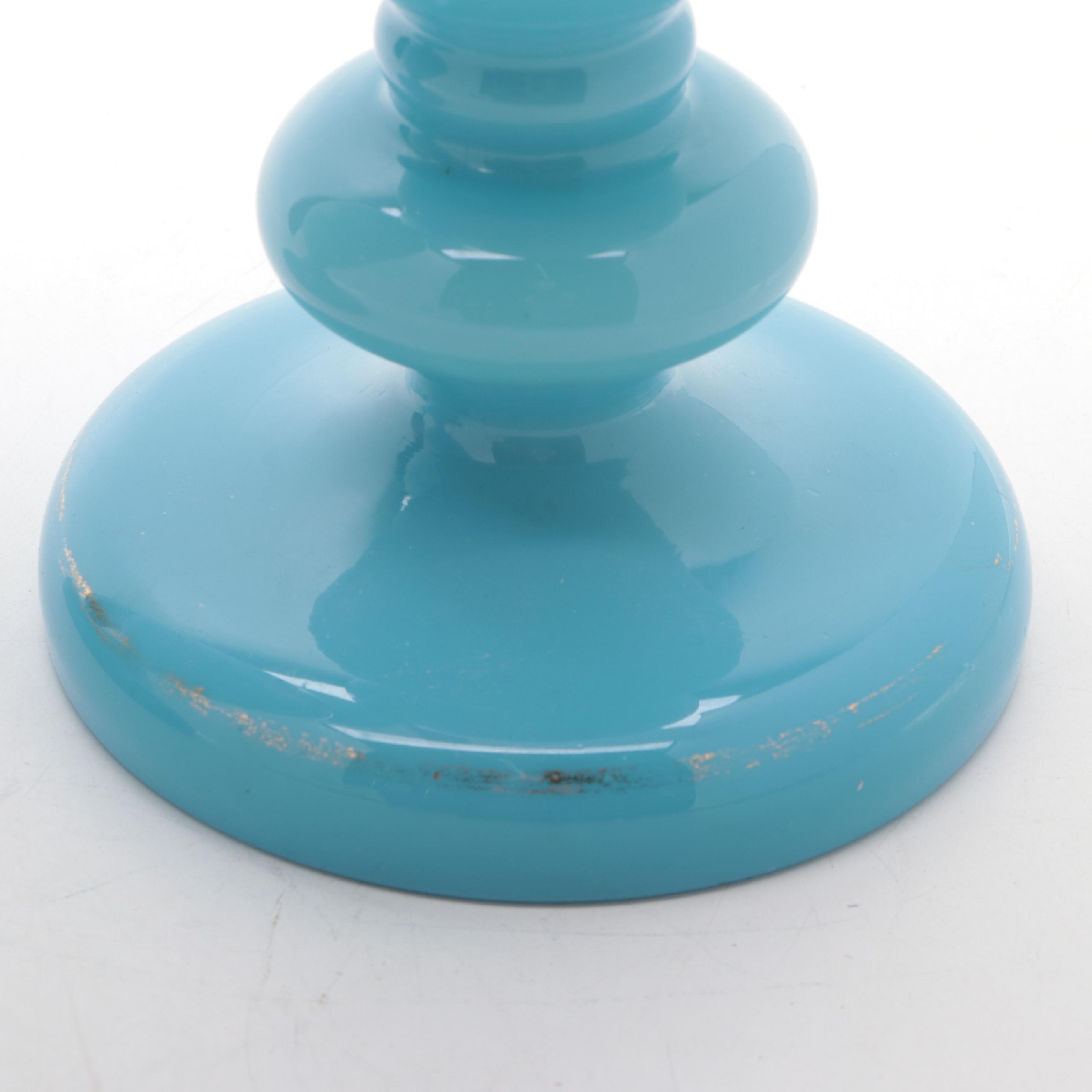 Victorian Blue Bristol Glass Hand-Painted Vases, Late 19th/ Early 20th Century