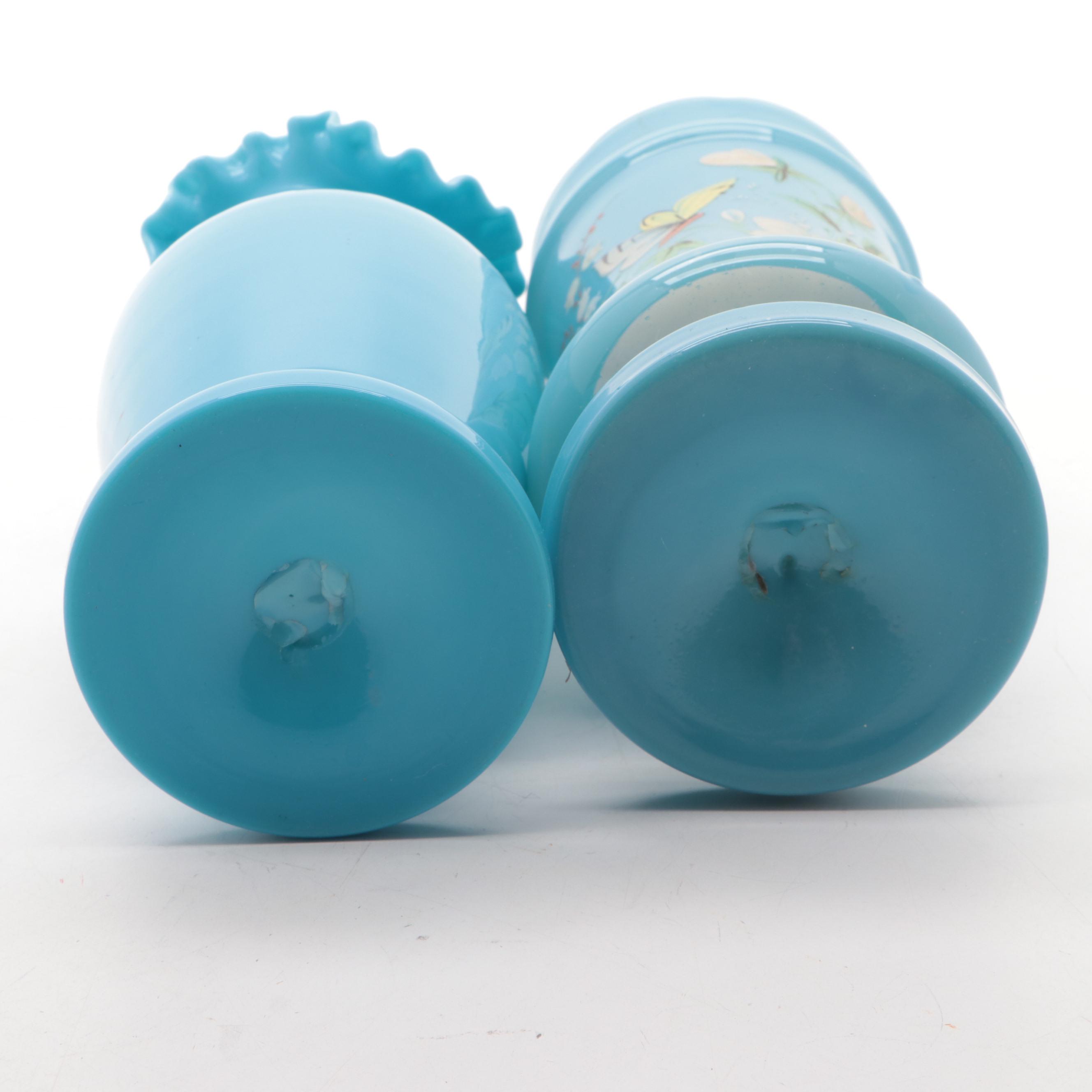 Victorian Blue Bristol Glass Hand-Painted Vases, Late 19th/ Early 20th Century