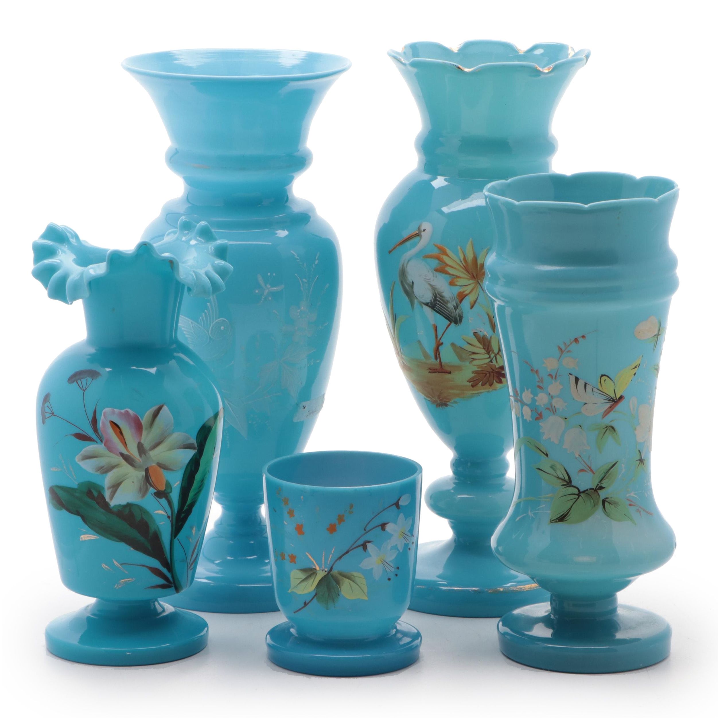 Victorian Blue Bristol Glass Hand-Painted Vases, Late 19th/ Early 20th Century