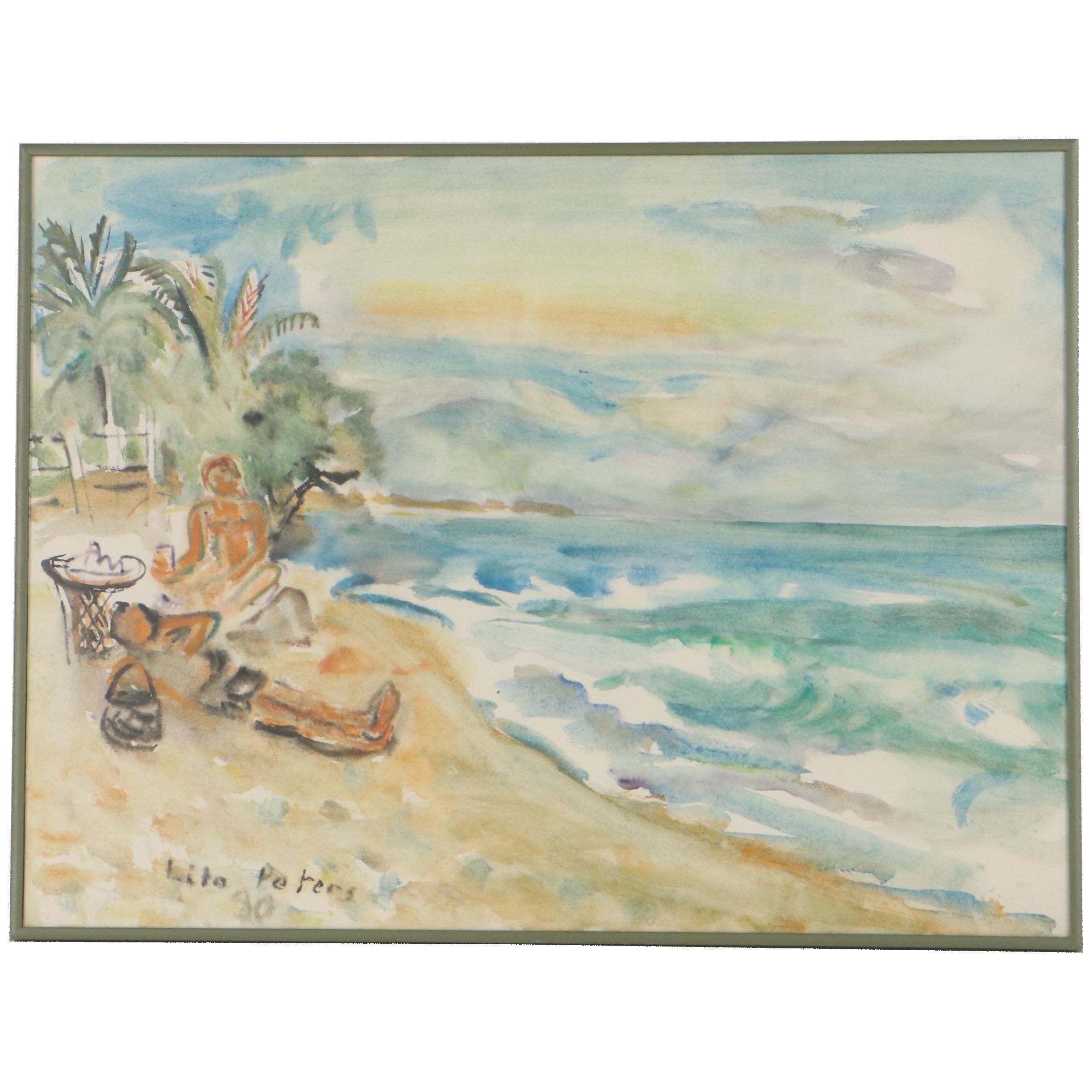 Lilo Peters Watercolor Painting of a Beach Scene