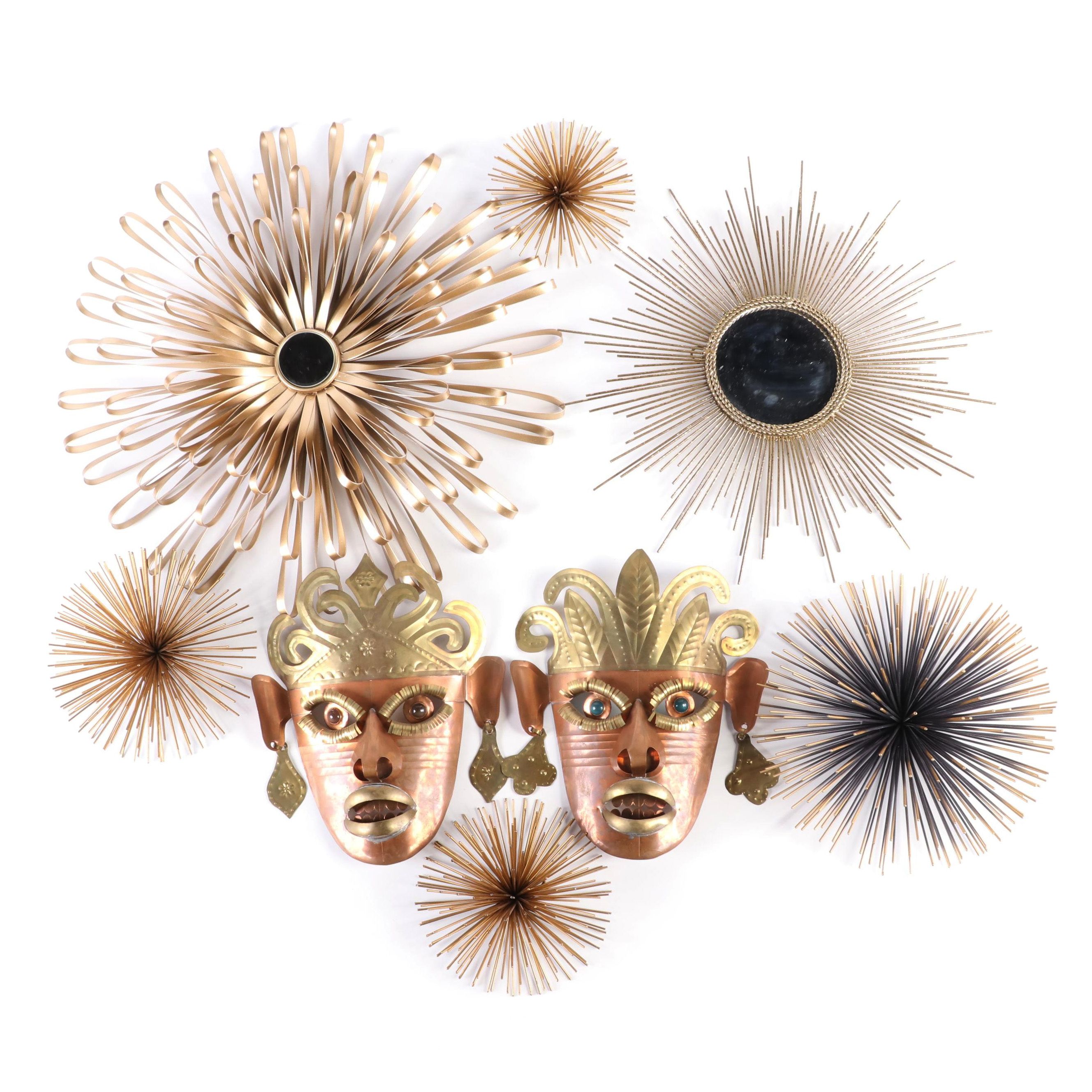 Mexican Folk Art Masks with Sunburst Mirrors and Other Wall Decor