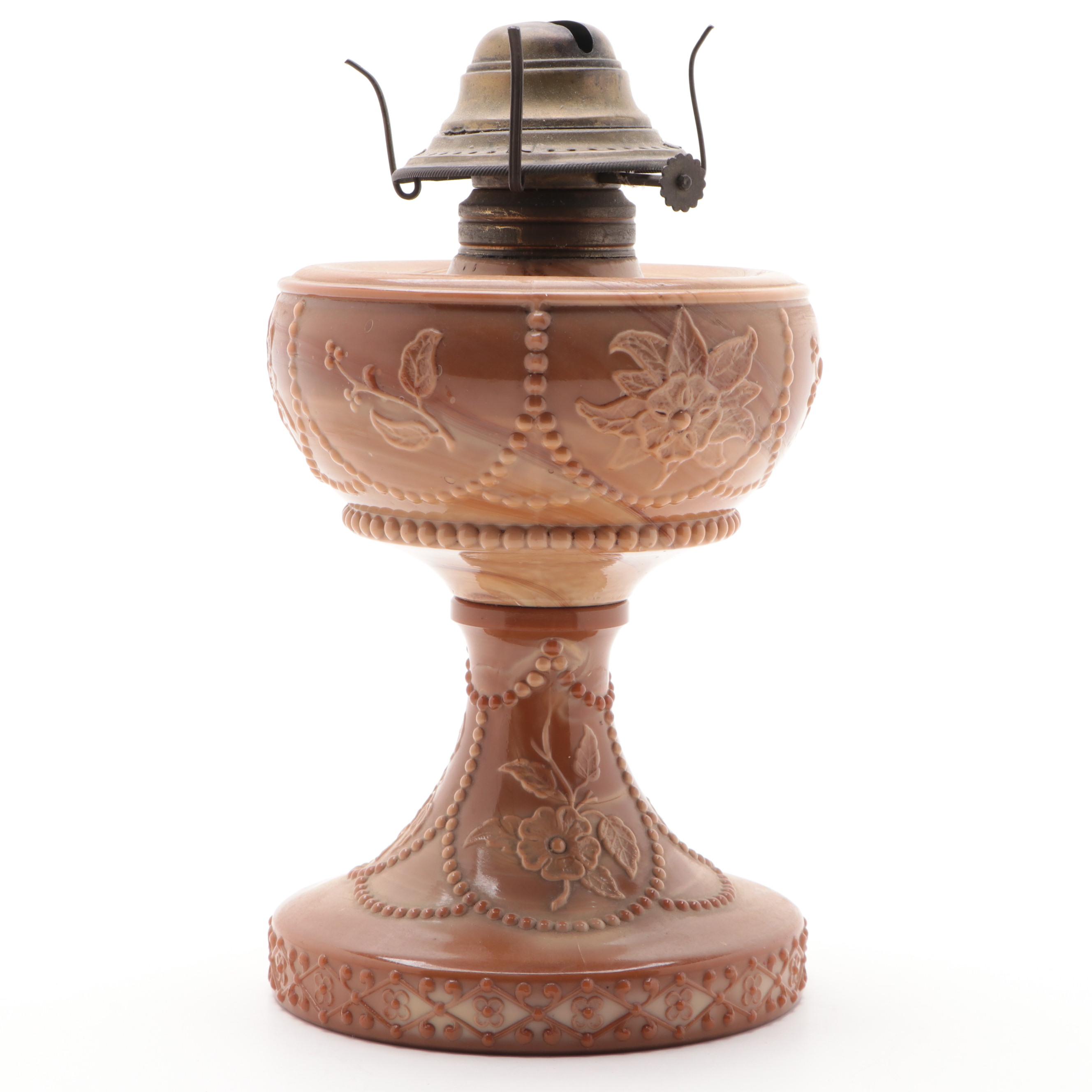 McKee "Sultan Wild Rose" Chocolate Slag Glass Oil Lamp, Late 19th/ Early 20th C.