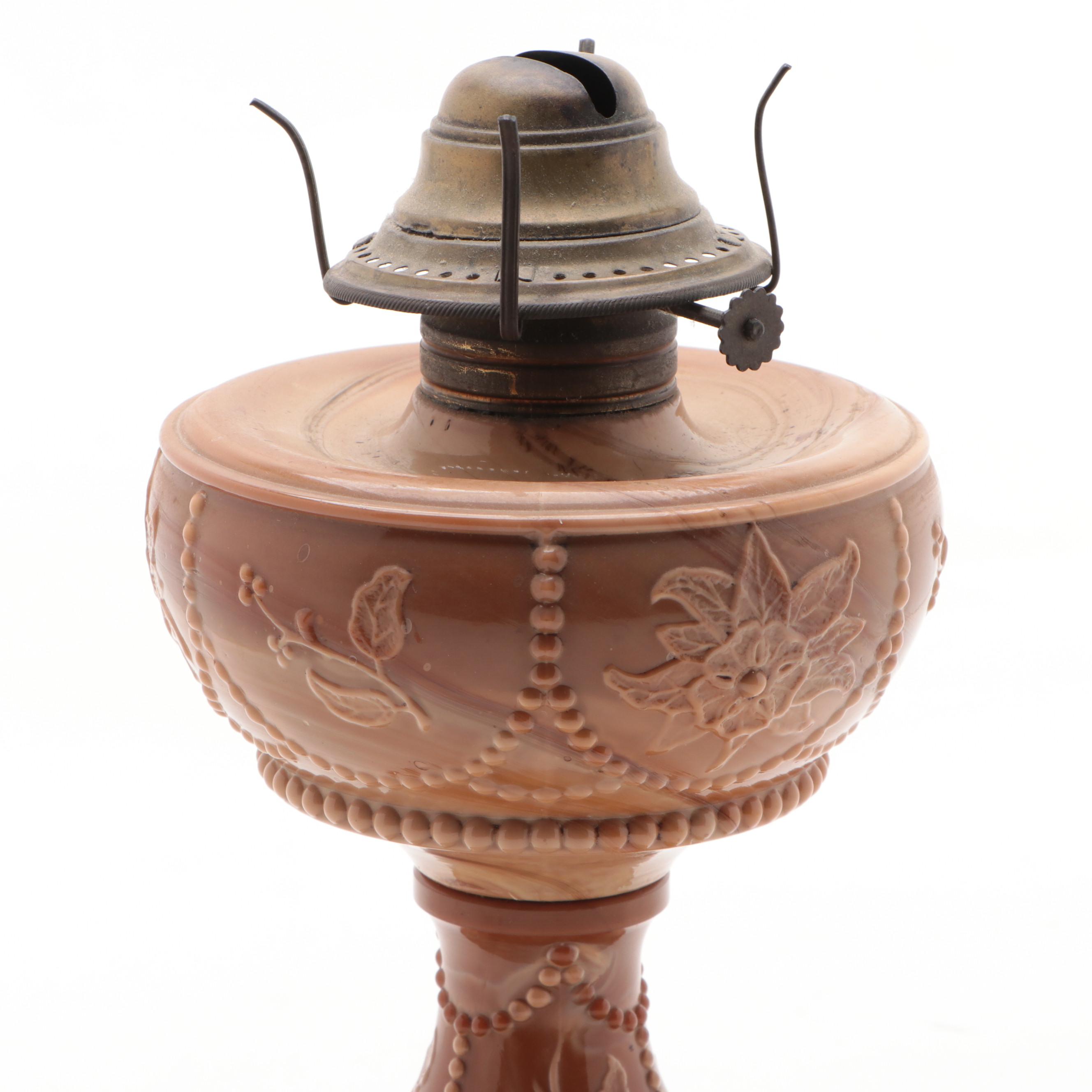 McKee "Sultan Wild Rose" Chocolate Slag Glass Oil Lamp, Late 19th/ Early 20th C.
