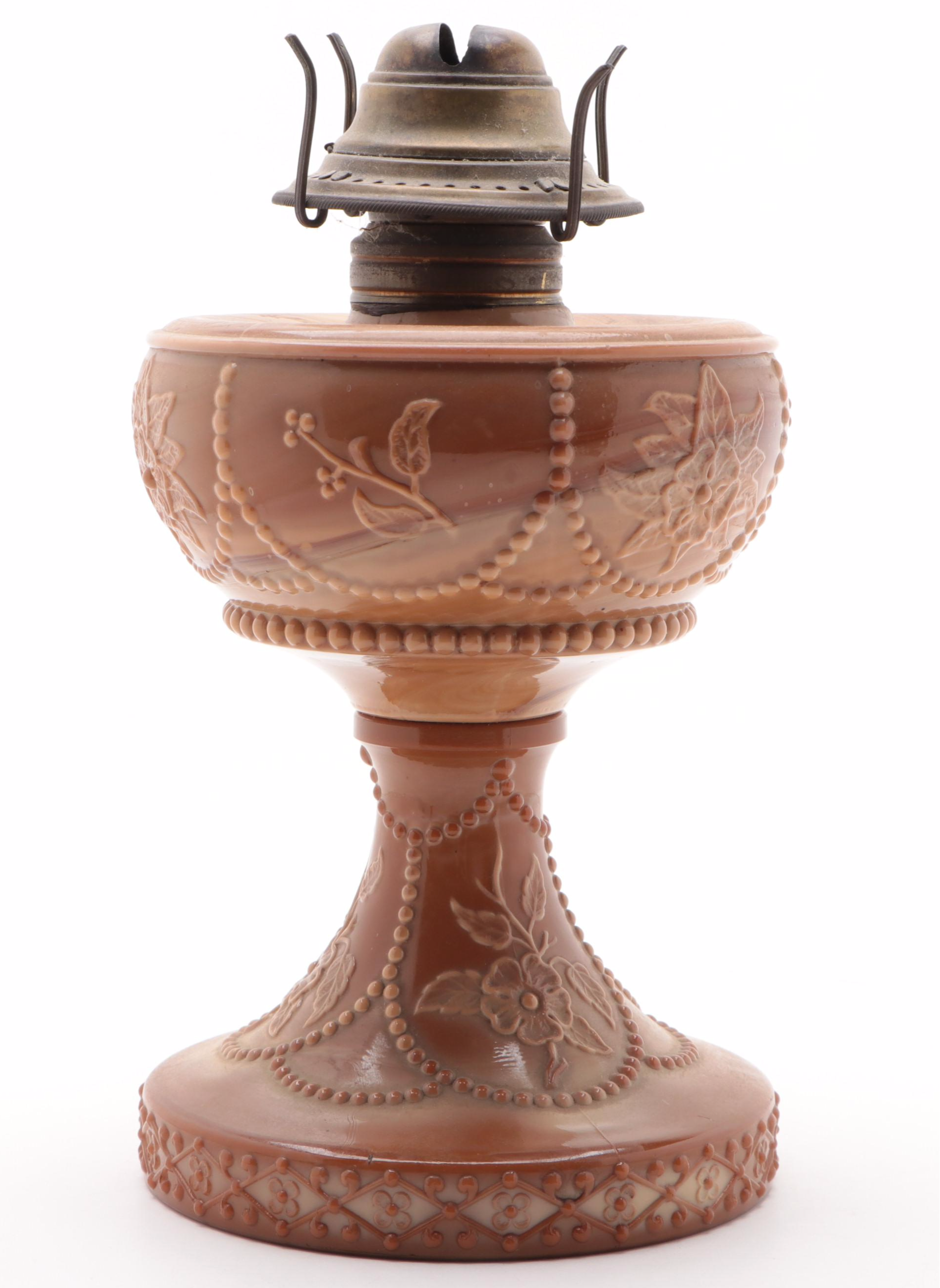 McKee "Sultan Wild Rose" Chocolate Slag Glass Oil Lamp, Late 19th/ Early 20th C.