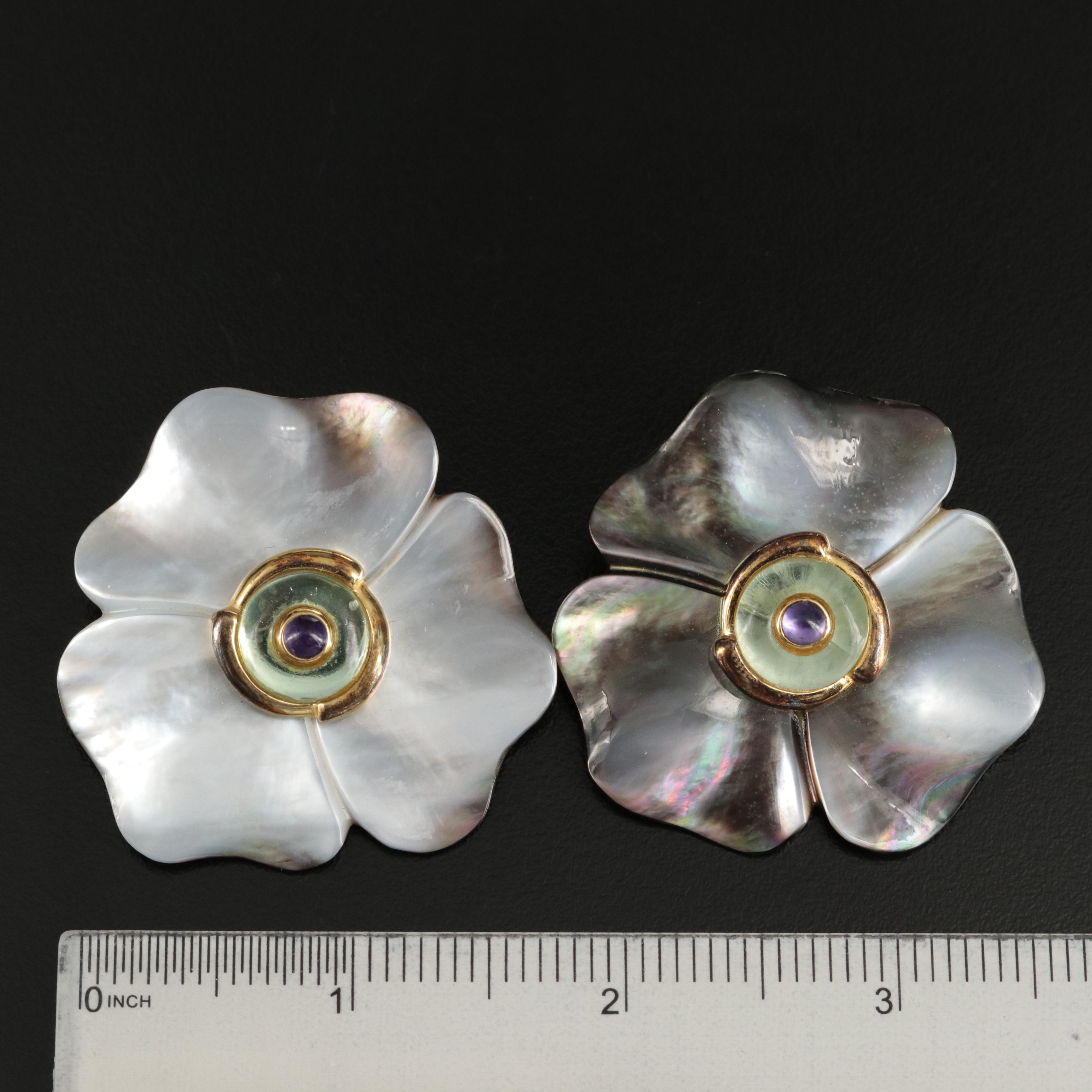 Kai-Yin Lo Sterling Flower Brooches with Mother of Pearl and Amethyst