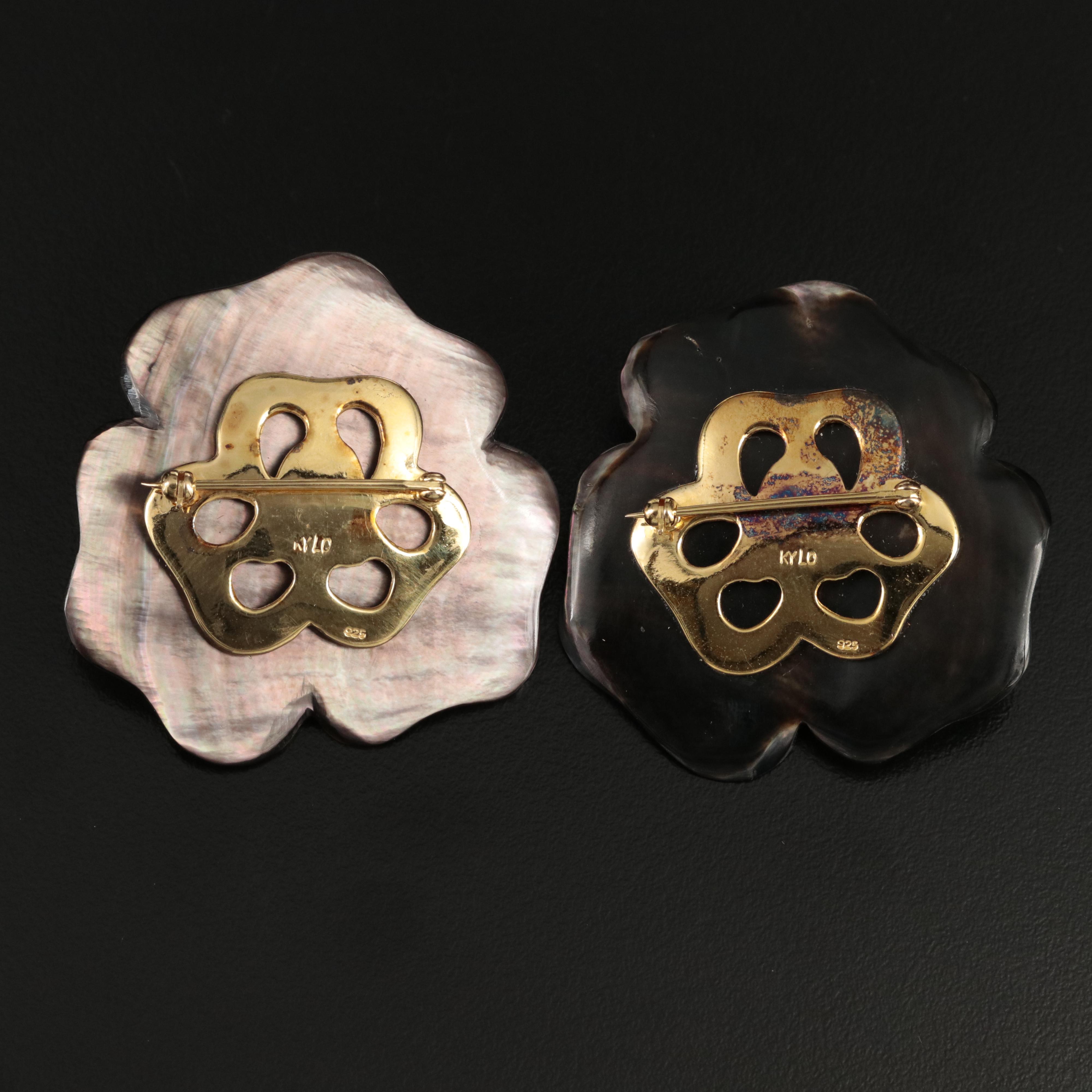 Kai-Yin Lo Sterling Flower Brooches with Mother of Pearl and Amethyst
