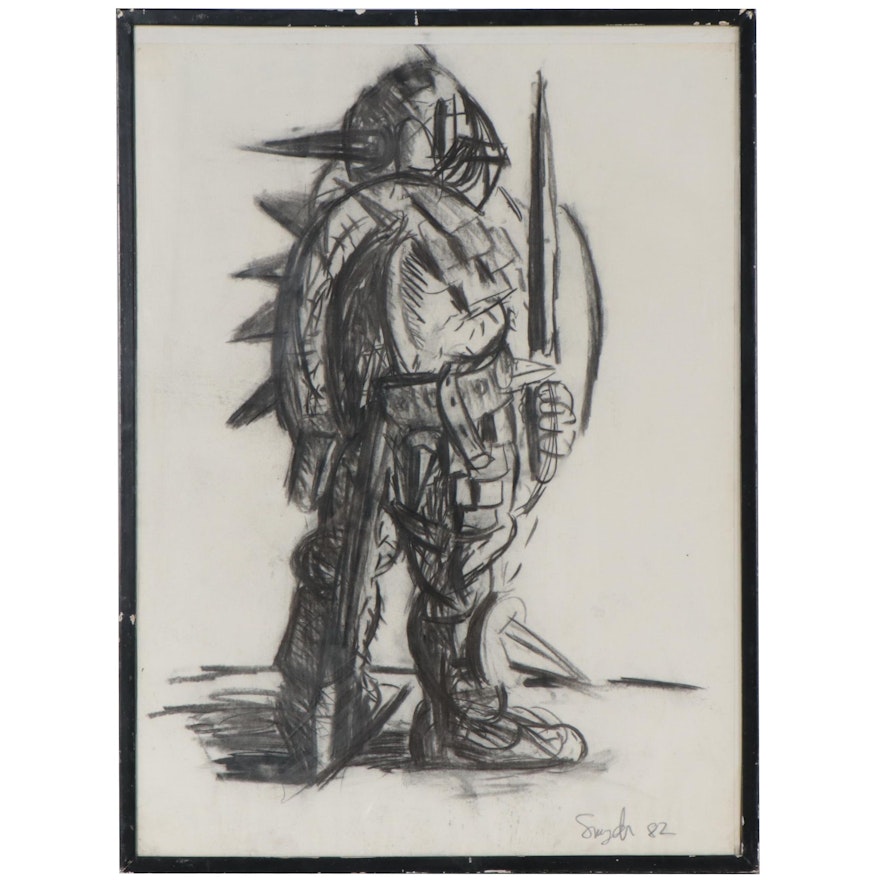 Richard Snyder Charcoal Drawing of Armored Figure, 1982