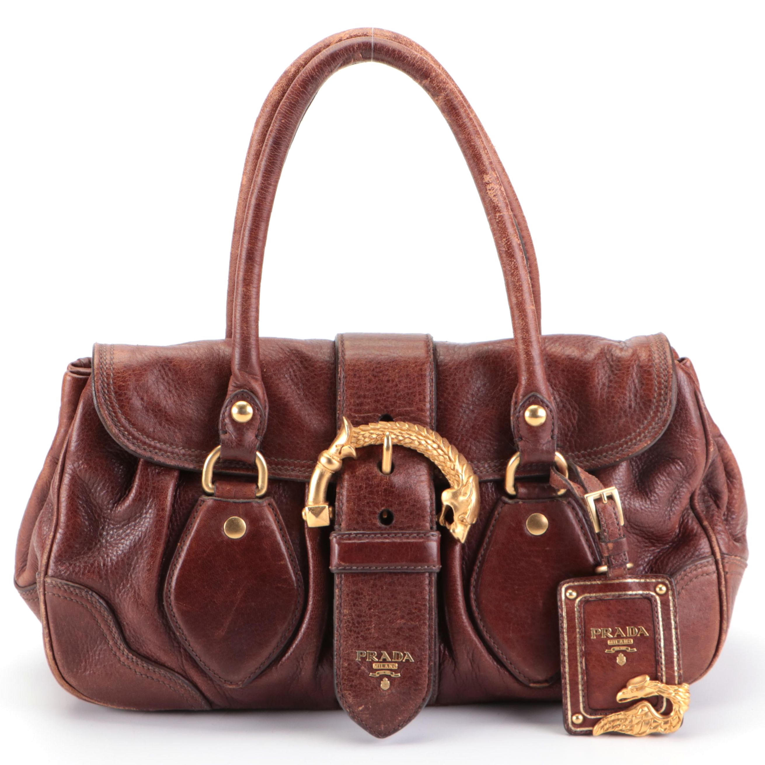 Prada Medium Animalier Satchel in Dark Brown Deerskin Leather