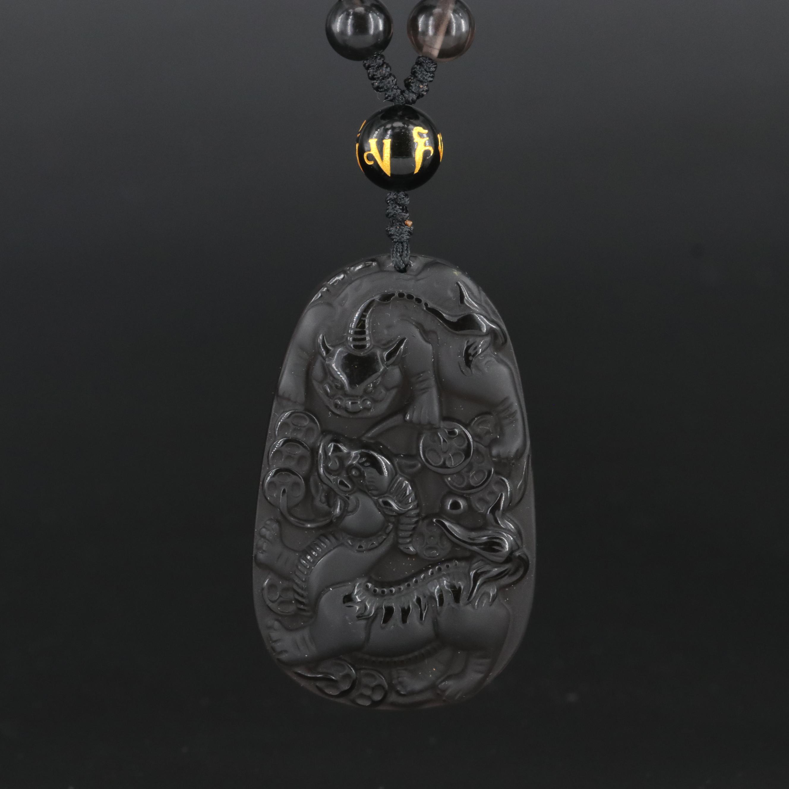 Double Guardian Lion Drop on Beaded Necklace with Tibetan Script