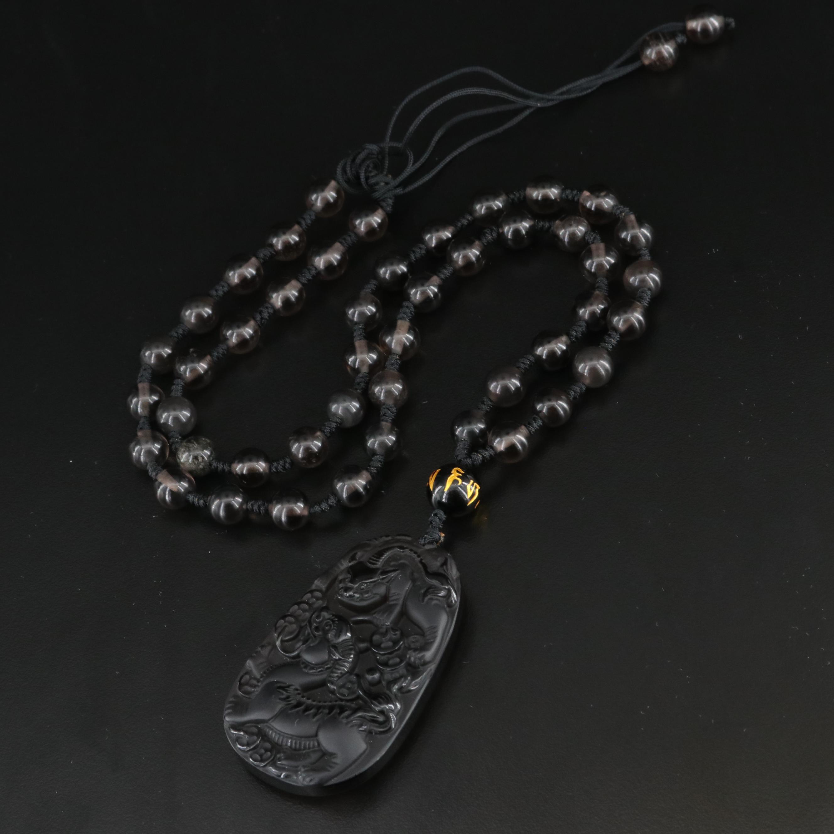 Double Guardian Lion Drop on Beaded Necklace with Tibetan Script