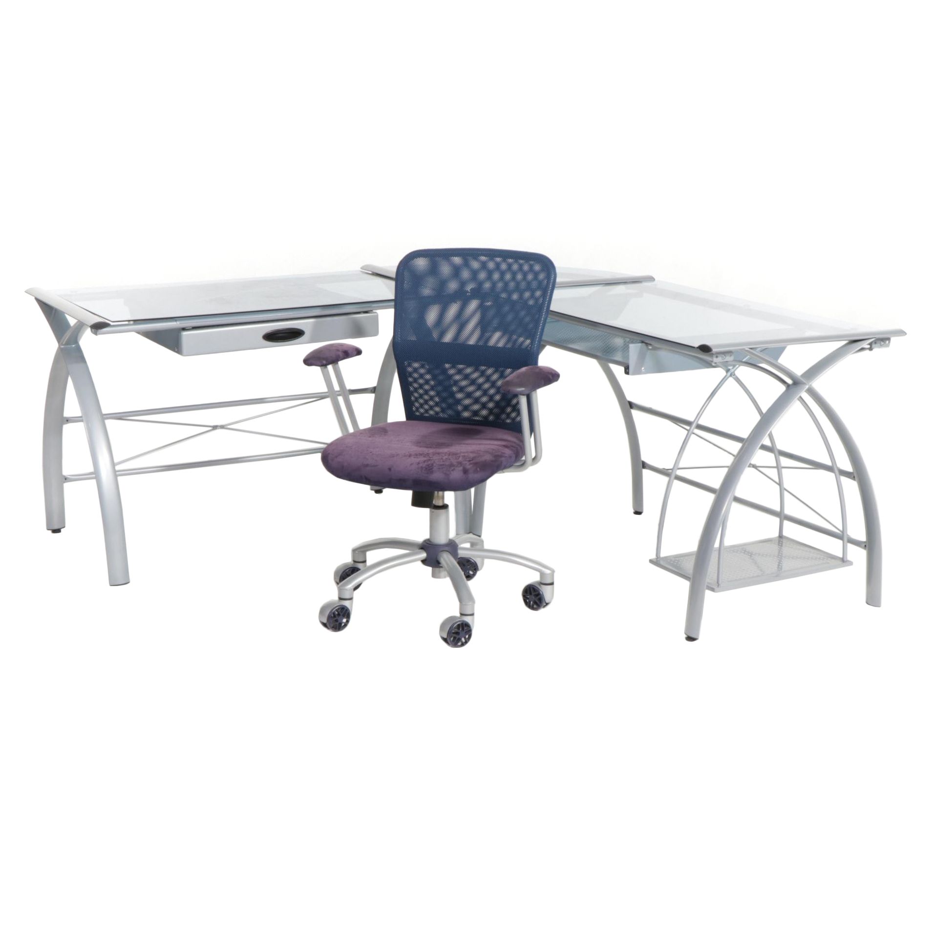 Studio RTA "Futura LS" Glass Top Metal Corner Computer Desk and Office Chair