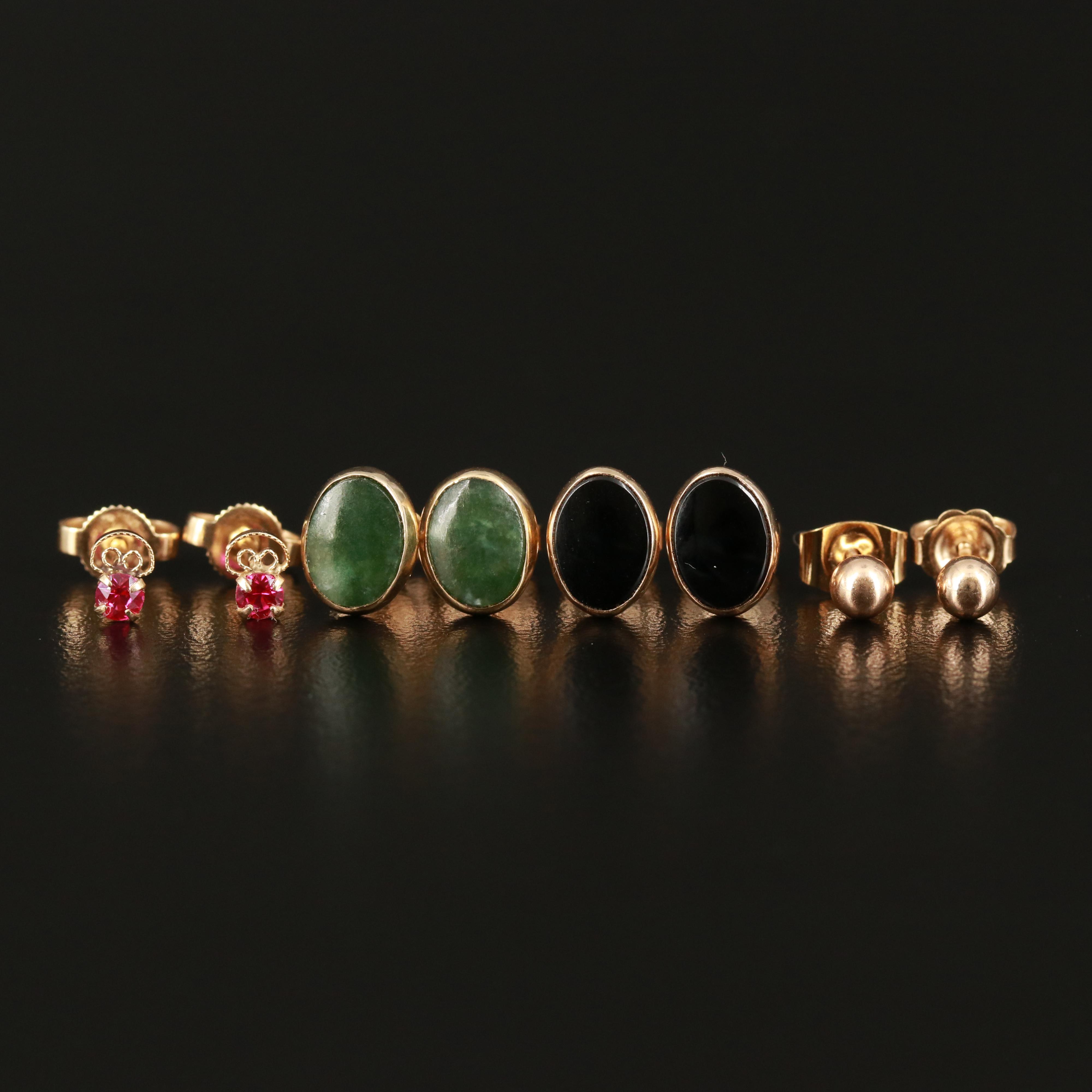 14K Stud Earrings Including Ruby, Black Onyx and Nephrite