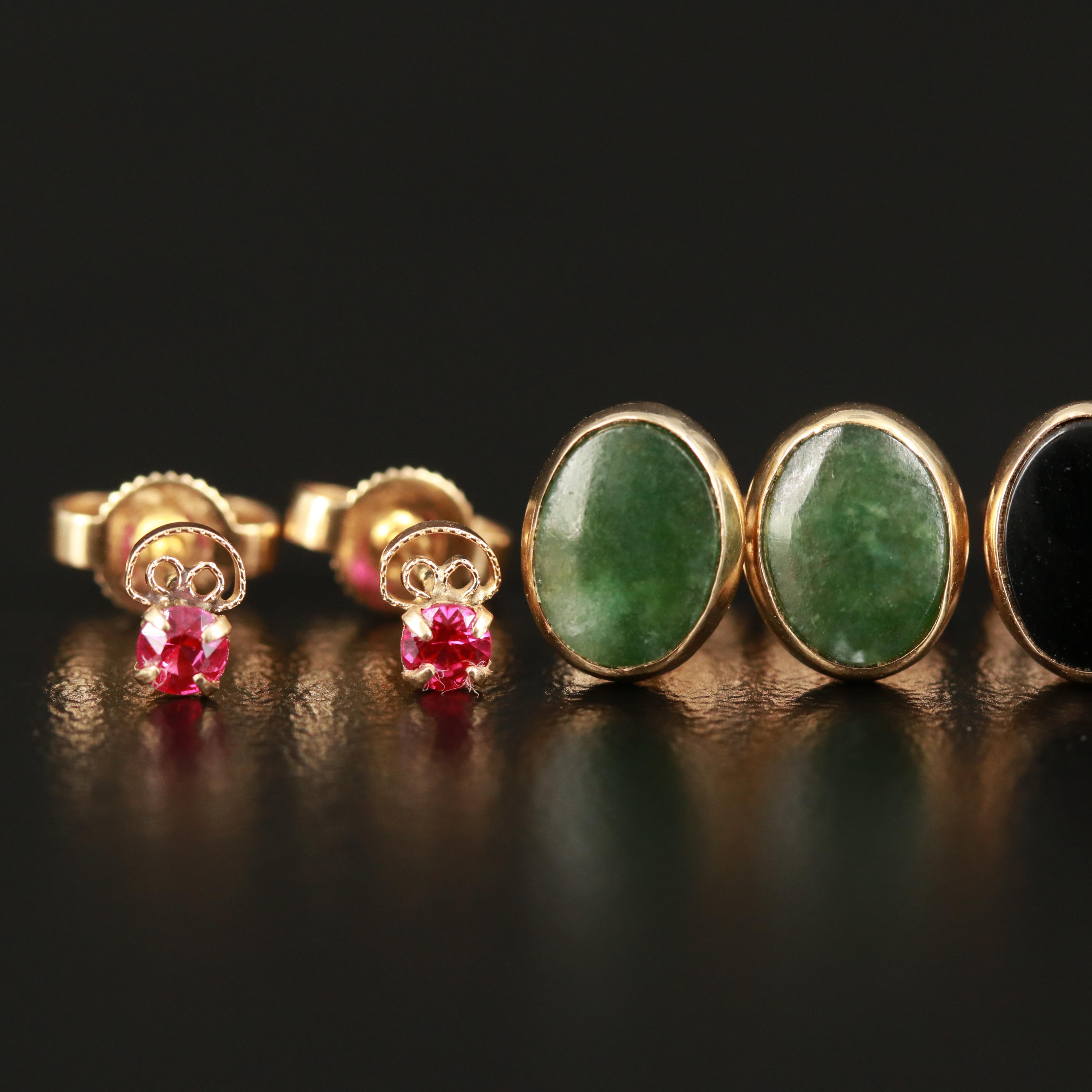 14K Stud Earrings Including Ruby, Black Onyx and Nephrite