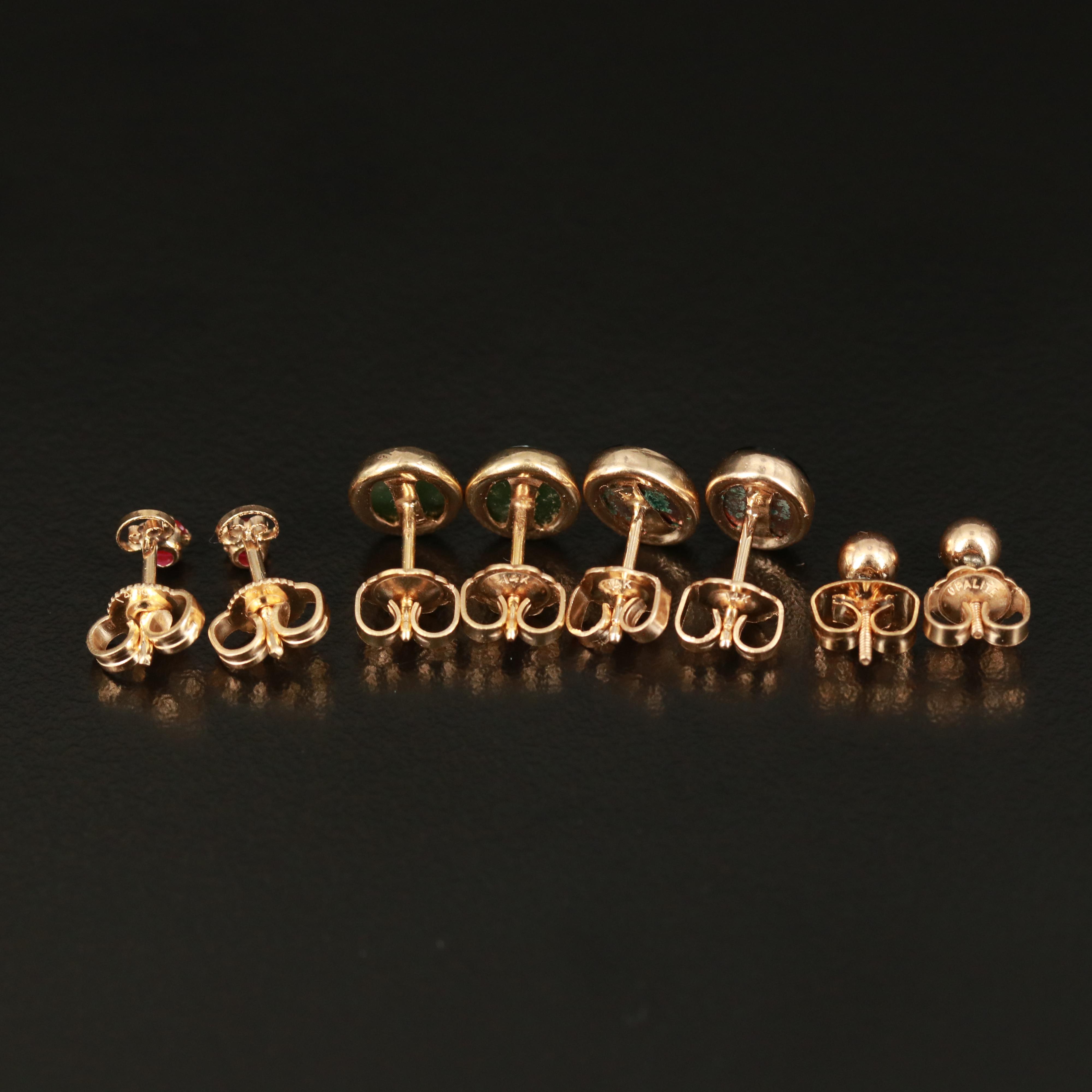 14K Stud Earrings Including Ruby, Black Onyx and Nephrite