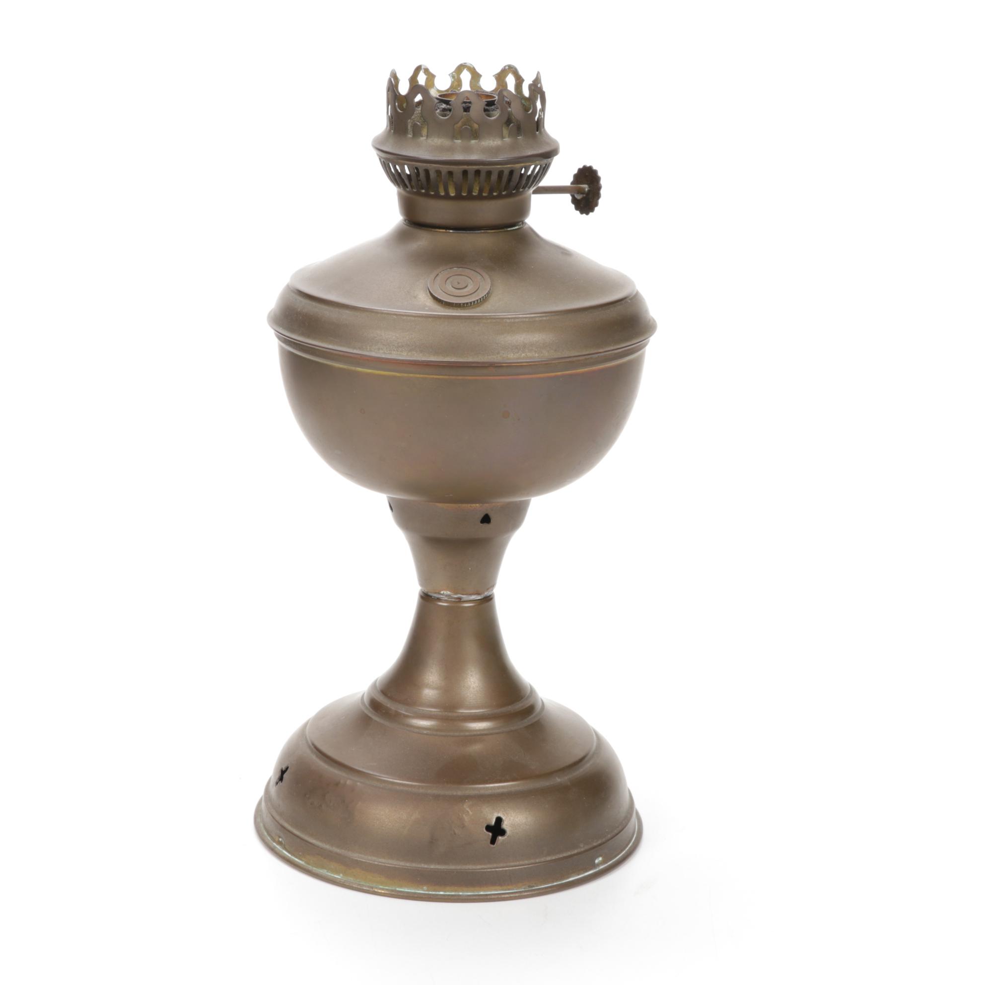 1880 Eagle Burner Brass Oil Lamp, Horn Flasks, Blown Vase and Drawers